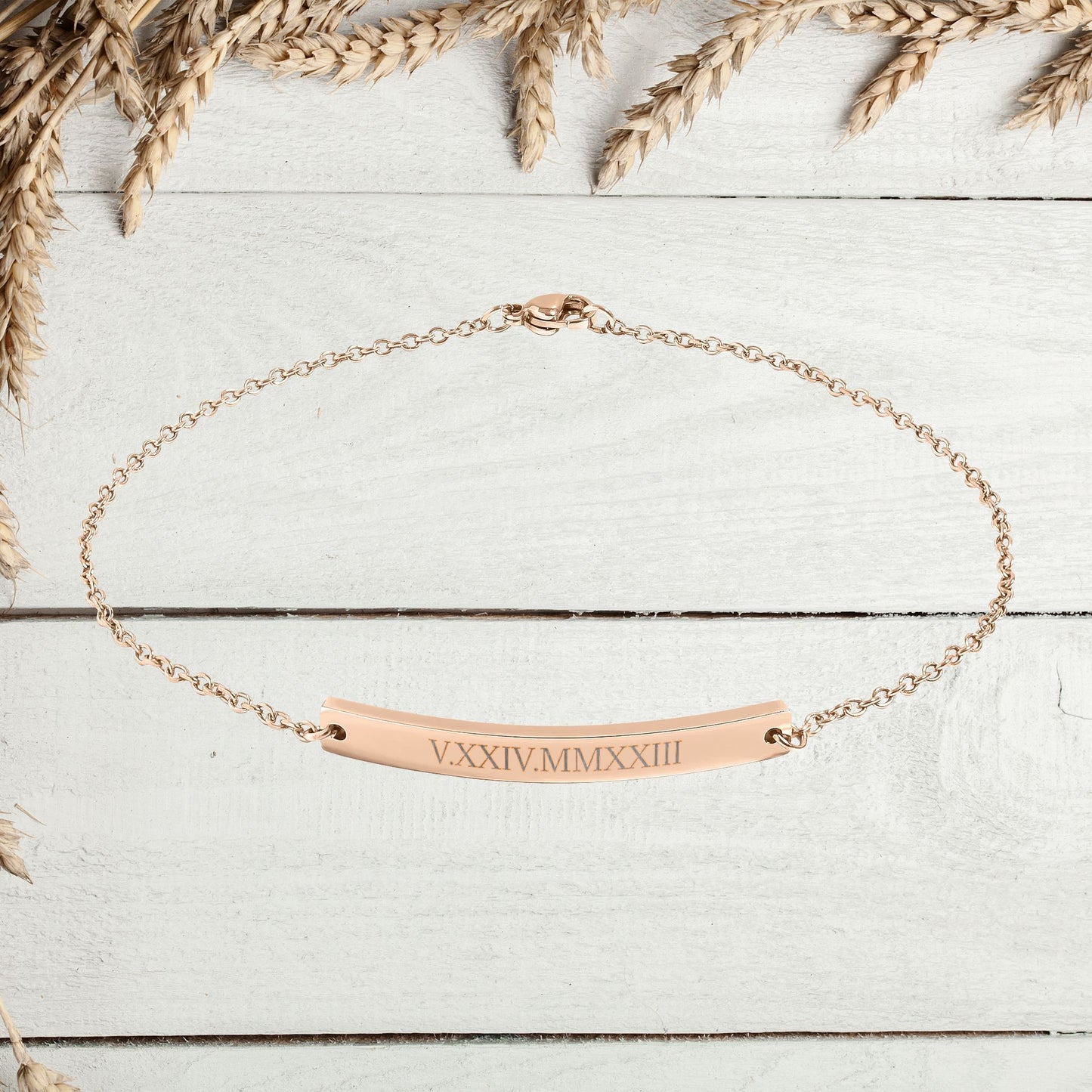 Personalized Date Text or Roman Numeral Engraving Curved Bar Anklet | Gift For Her
