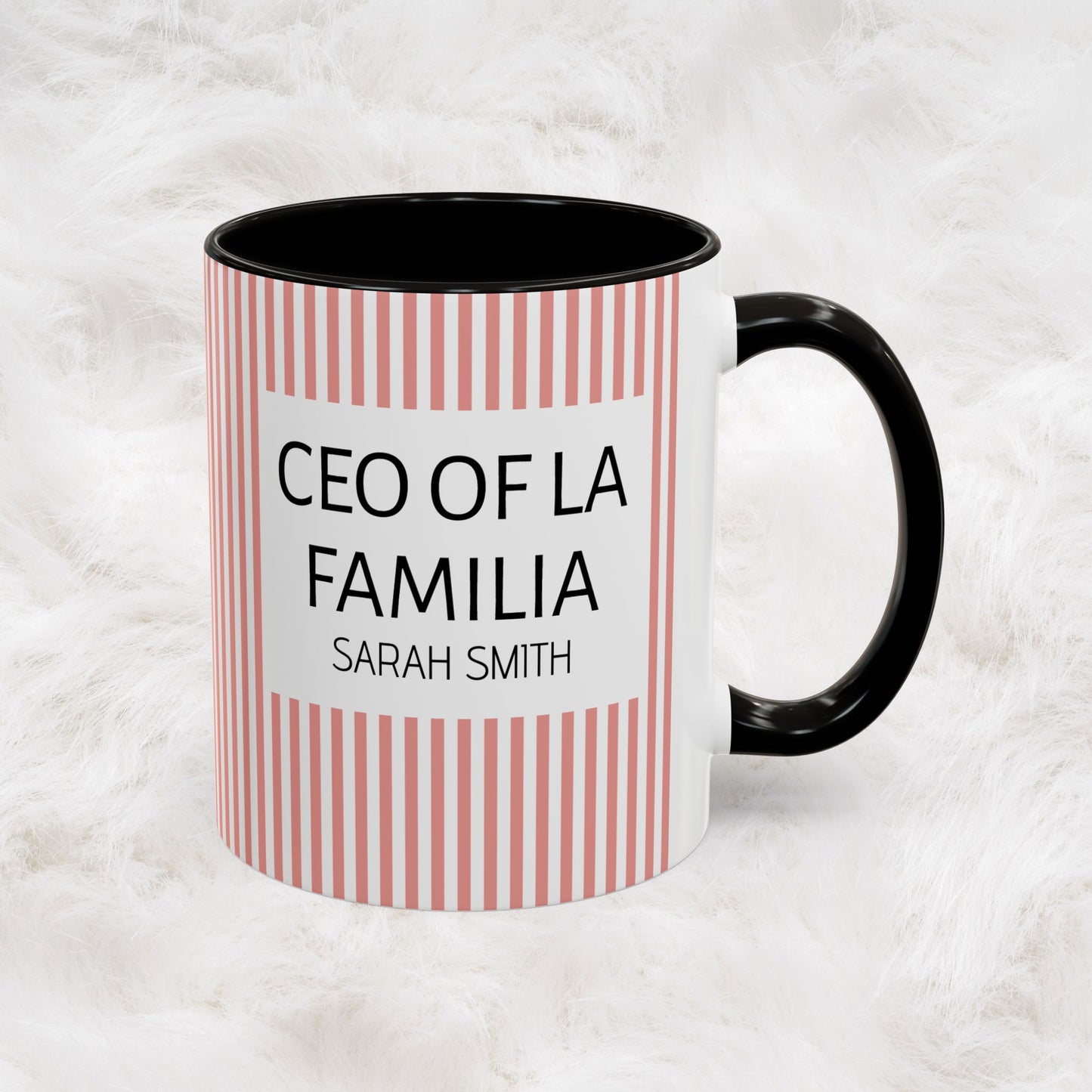 Personalized Name Pink Striped Coffee Tea Mug | Meaningful CEO of La Familia Gift for Mom, Wife, Women