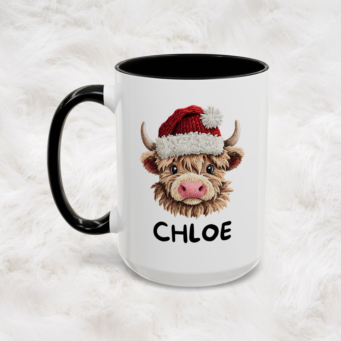 Personalized Name Cute Printed Crochet Yarn Christmas Highland Cow Mug | Hunting Holiday Gift