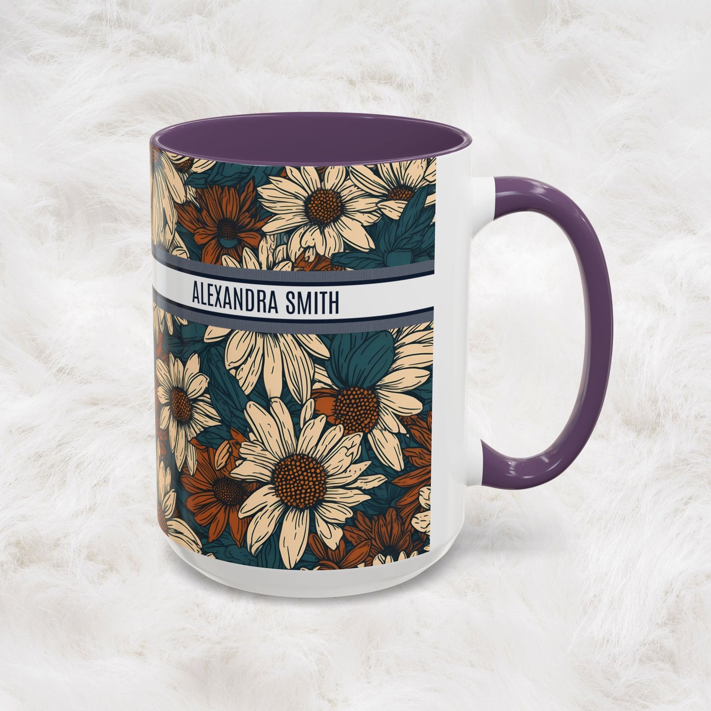 Personalized Name Text Daisy Floral Luxury Vintage Toile De Jouy French Pattern Accent Coffee Tea Mug