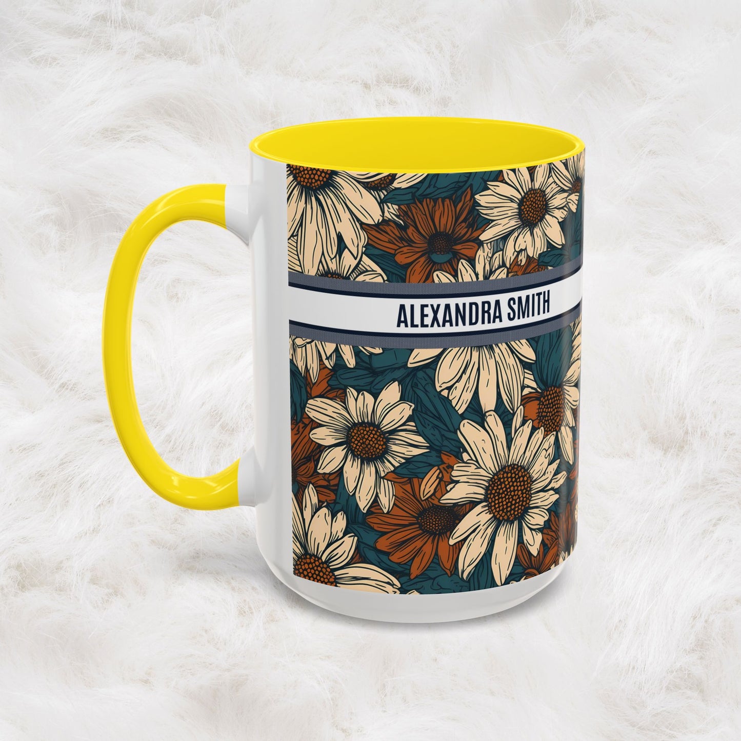 Personalized Name Text Daisy Floral Luxury Vintage Toile De Jouy French Pattern Accent Coffee Tea Mug