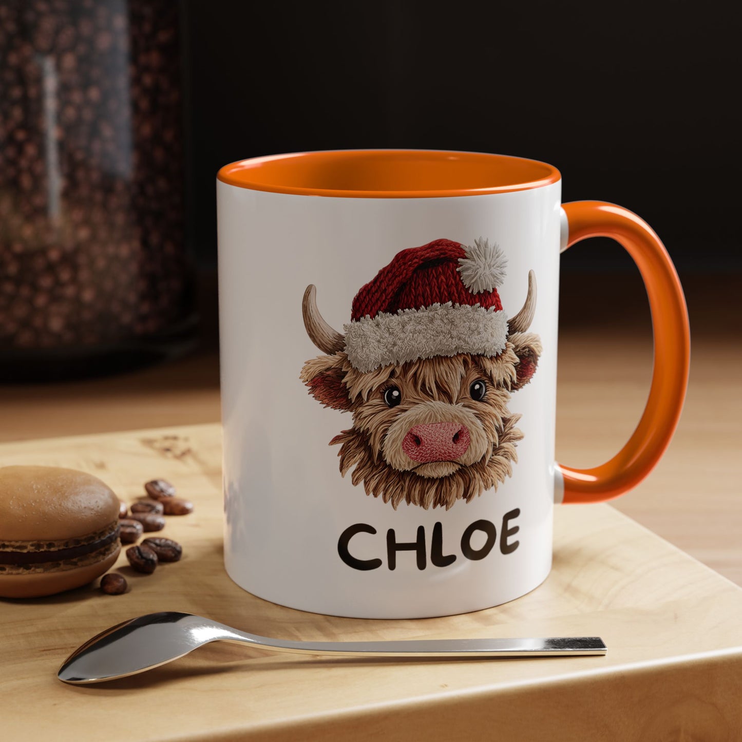 Personalized Name Cute Printed Crochet Yarn Christmas Highland Cow Mug | Hunting Holiday Gift