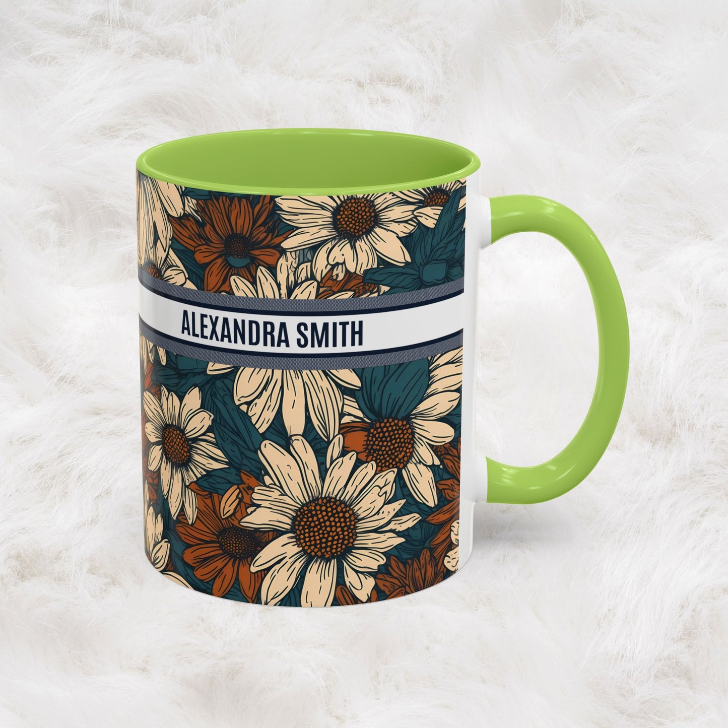 Personalized Name Text Daisy Floral Luxury Vintage Toile De Jouy French Pattern Accent Coffee Tea Mug