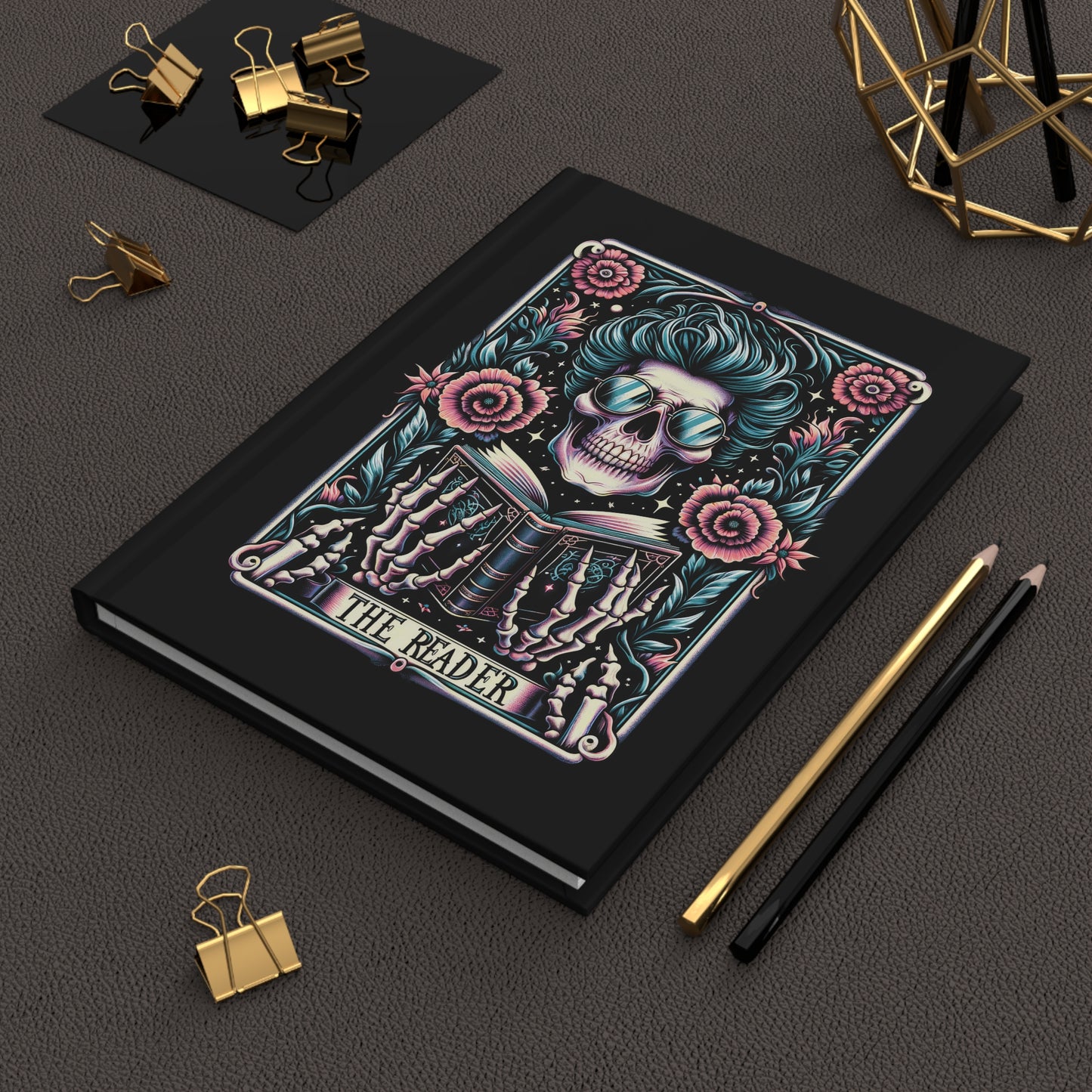 Funny The Reader Skull Tarot Card Hardcover Journal Notebook | Book Lovers Gift