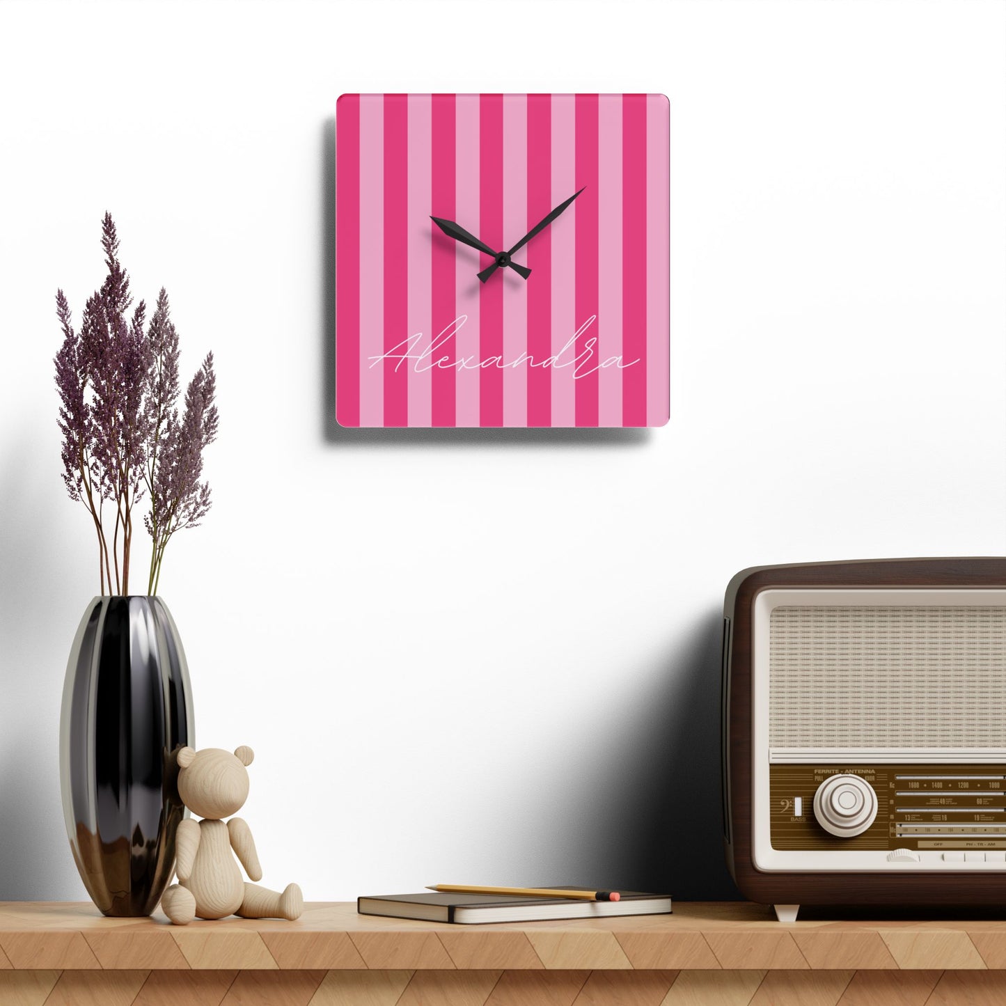 Personalized Name Acrylic Wall Clock Pink Stripes Lover Version 1 | Home Decor Gift Ideas