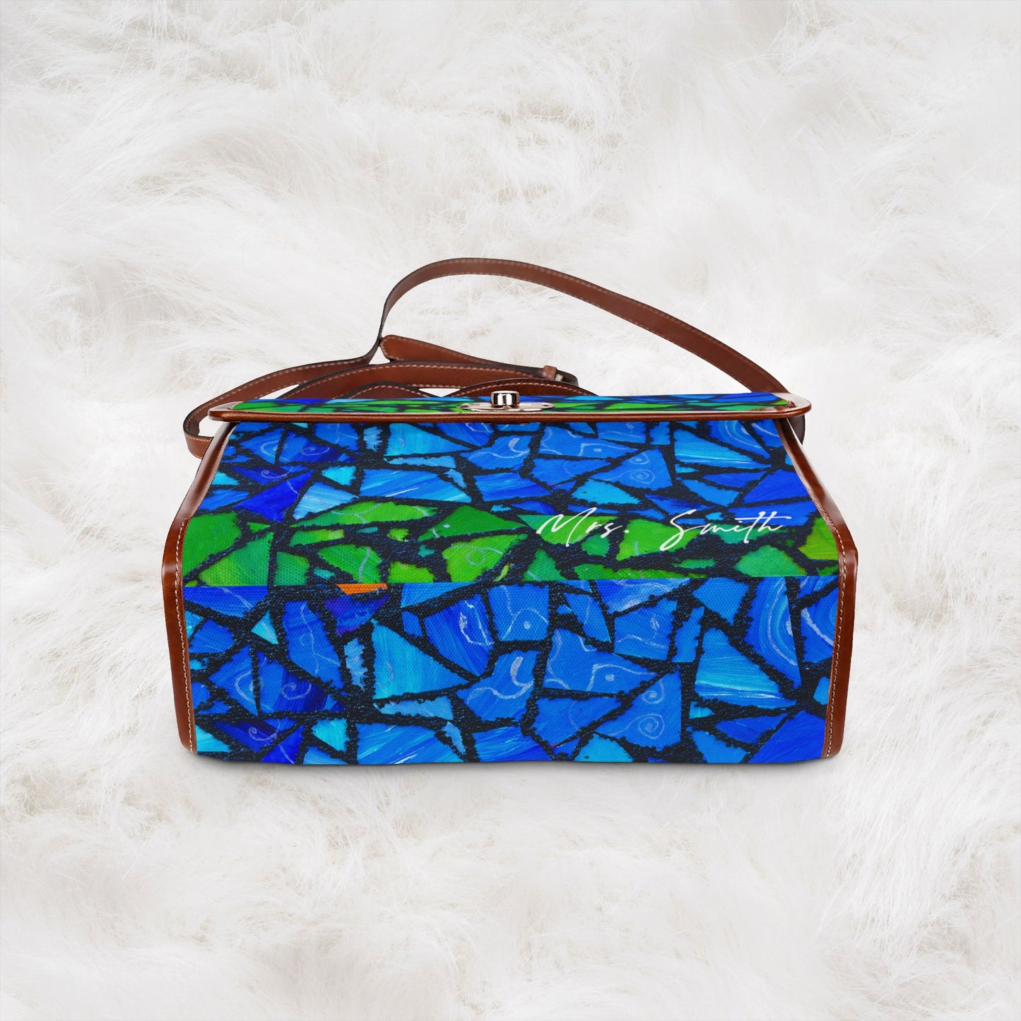 Personalized Name Waterproof Canvas Bag | Blue Green Mosaic Pattern Shoulder Tote Handbag