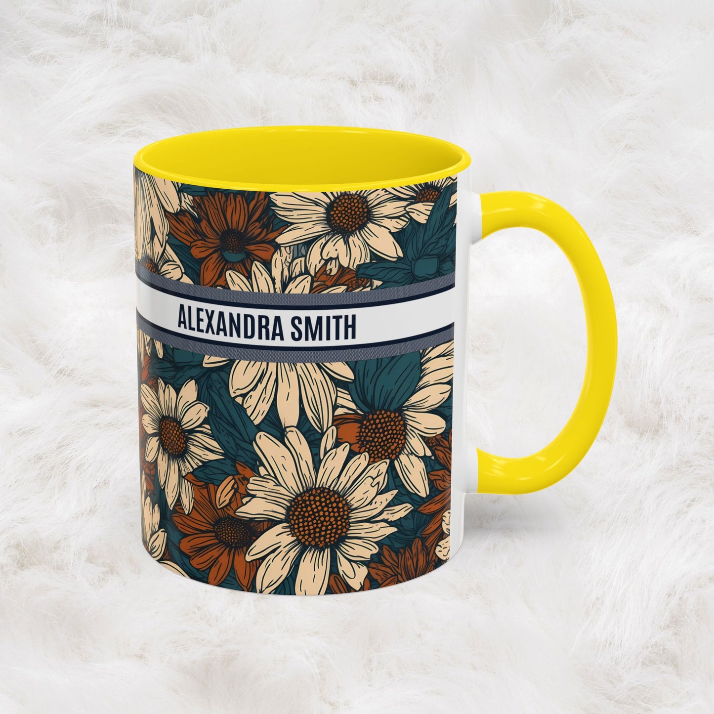 Personalized Name Text Daisy Floral Luxury Vintage Toile De Jouy French Pattern Accent Coffee Tea Mug