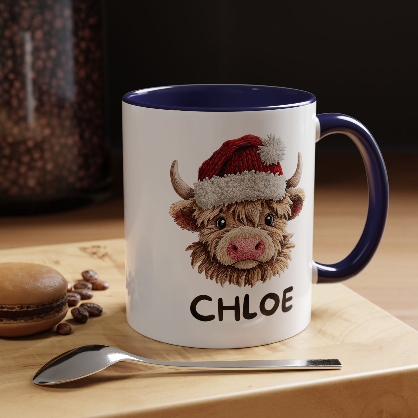 Personalized Name Cute Printed Crochet Yarn Christmas Highland Cow Mug | Hunting Holiday Gift