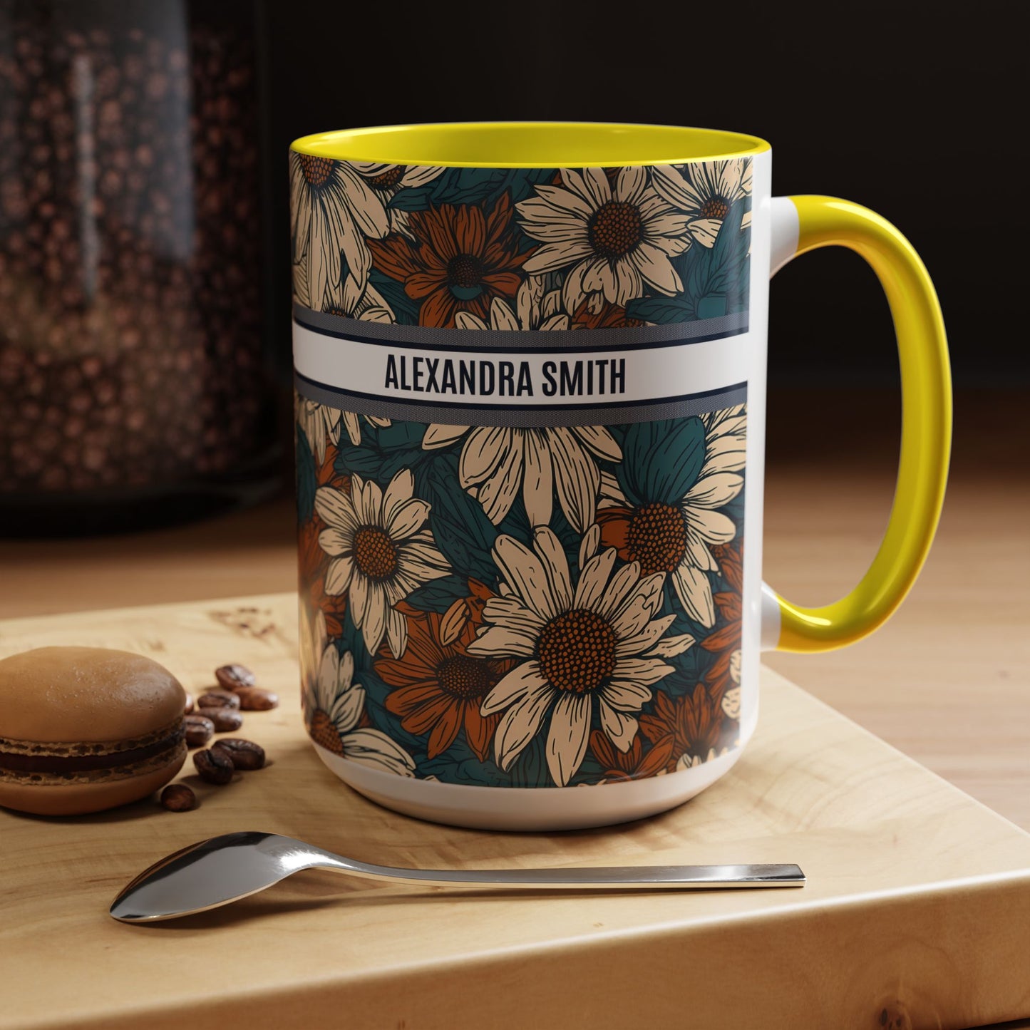 Personalized Name Text Daisy Floral Luxury Vintage Toile De Jouy French Pattern Accent Coffee Tea Mug