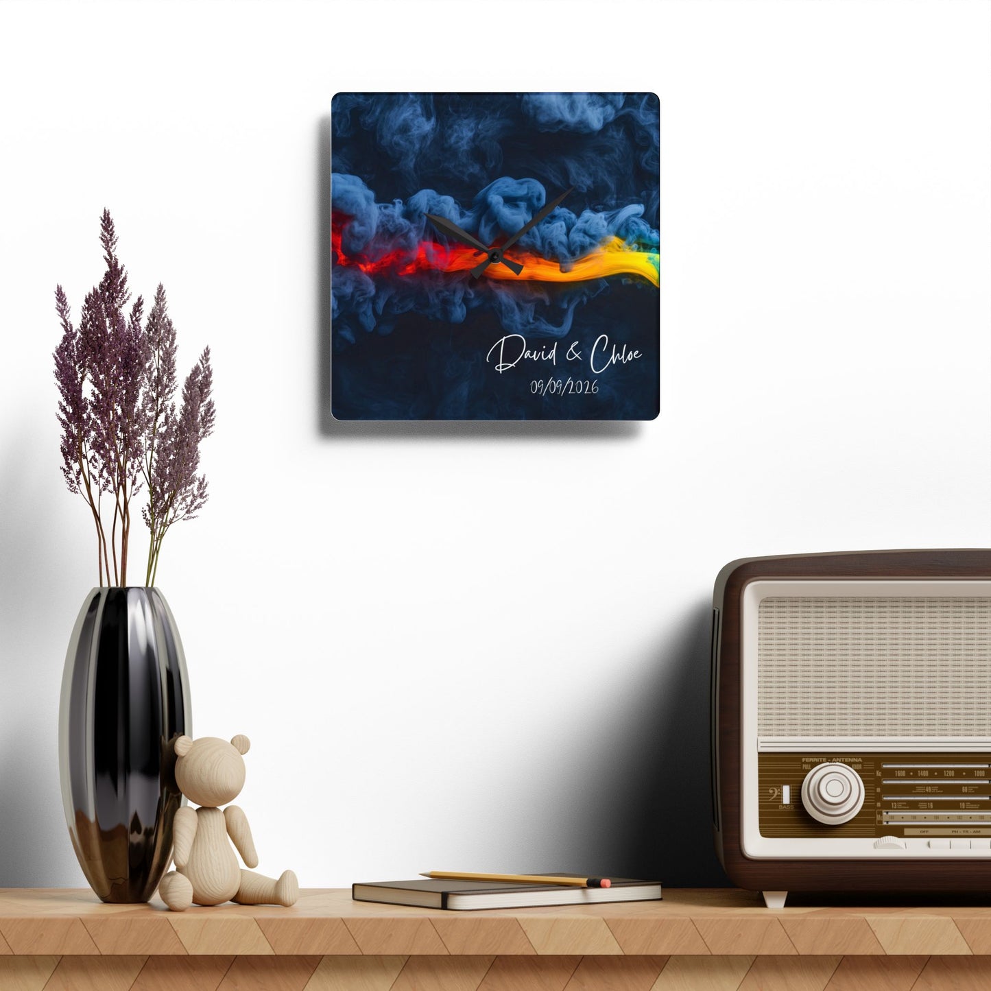 Personalized Custom Name & Date Rainbow Smoke Acrylic Wall Clock | Wedding, Anniversary, New House, Kitchen Decor Souvenir Gift