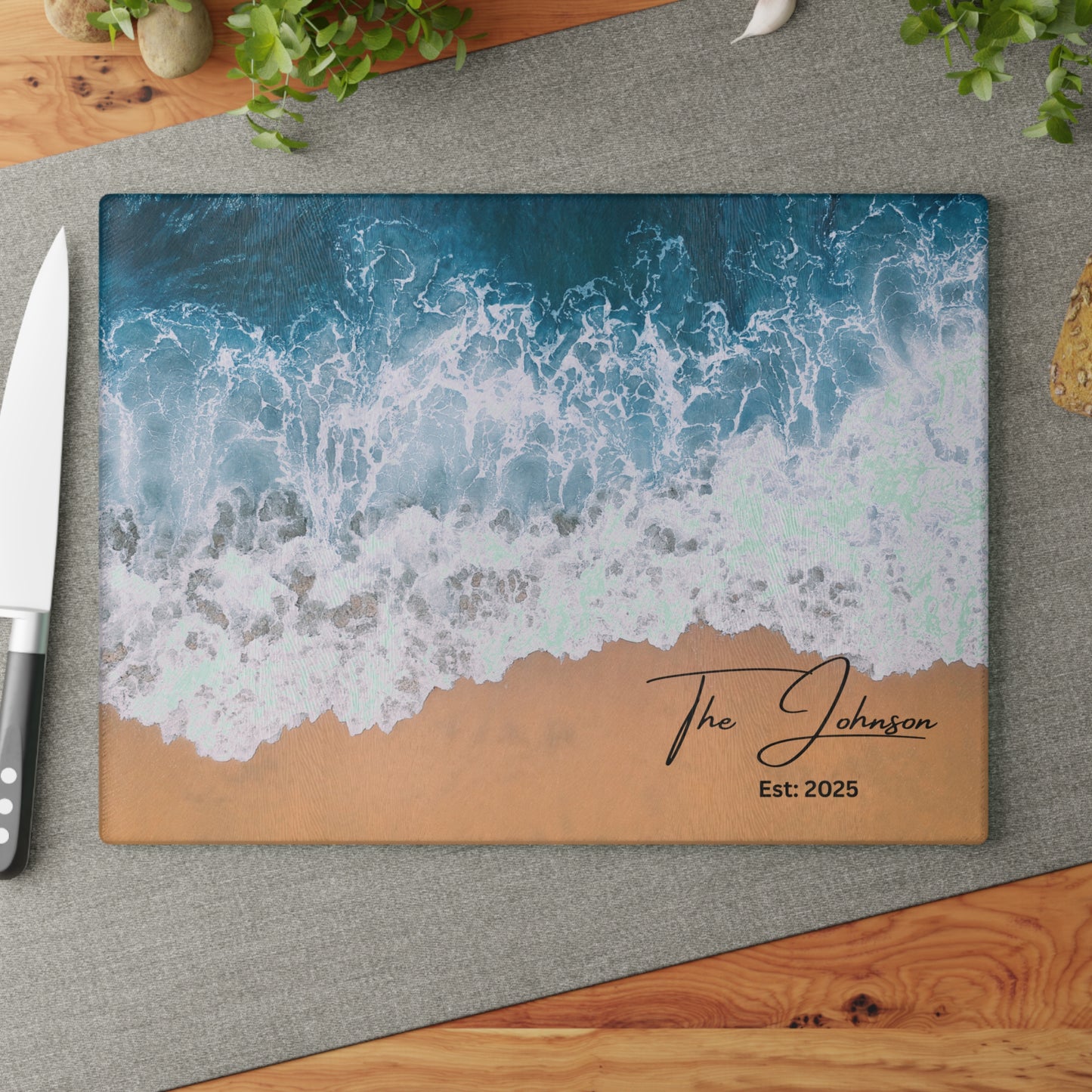 Personalized Ocean Beach Sand Glass Cutting Board Version 1 | Luxury Gift Ideas Home Kitchen Decor