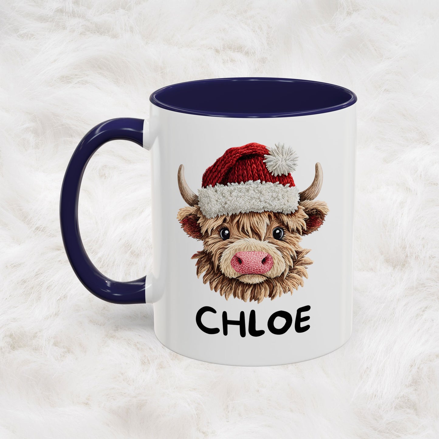 Personalized Name Cute Printed Crochet Yarn Christmas Highland Cow Mug | Hunting Holiday Gift