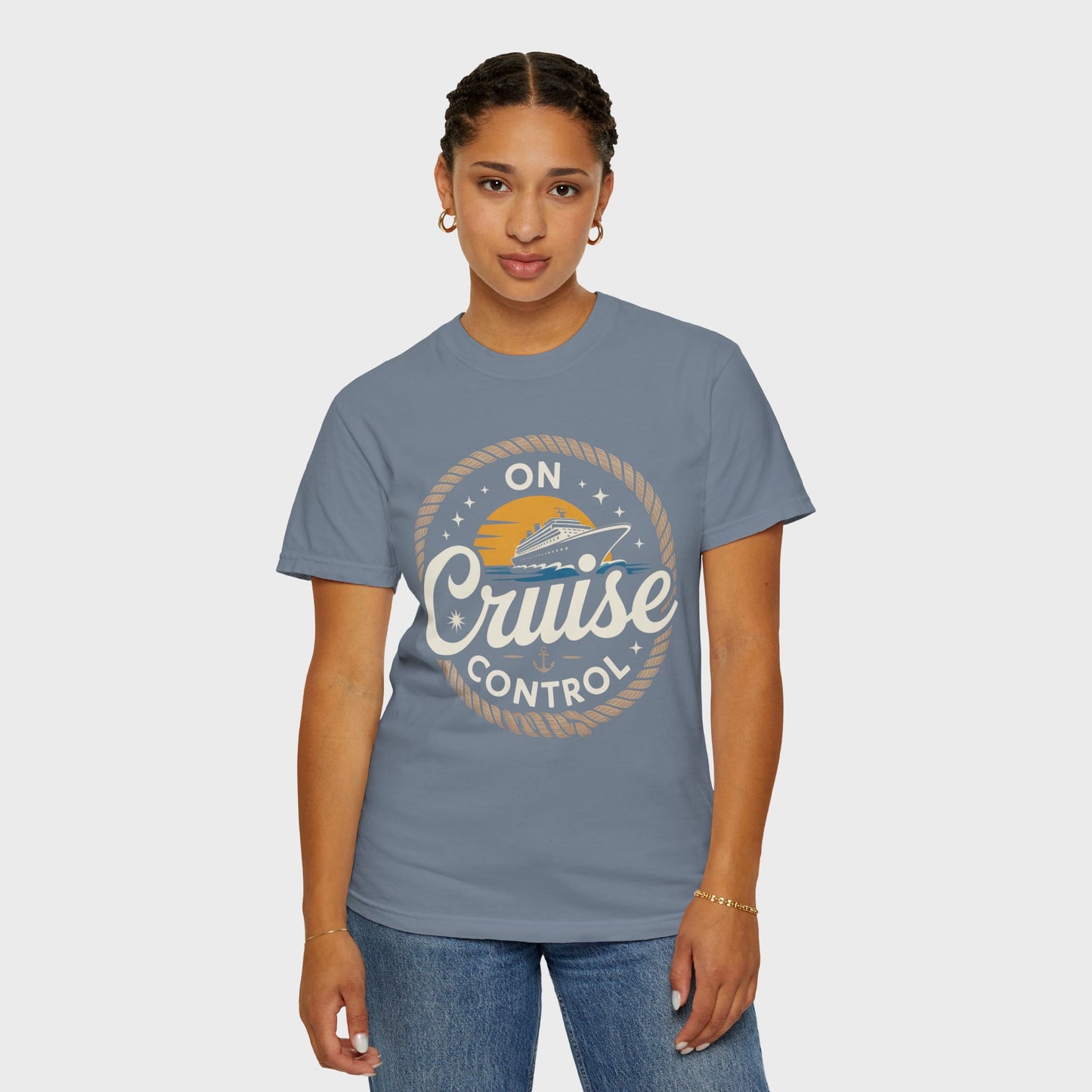 On Cruise Control T-Shirt | Nautical Rope Sunset Graphic Travel Vacation Tee