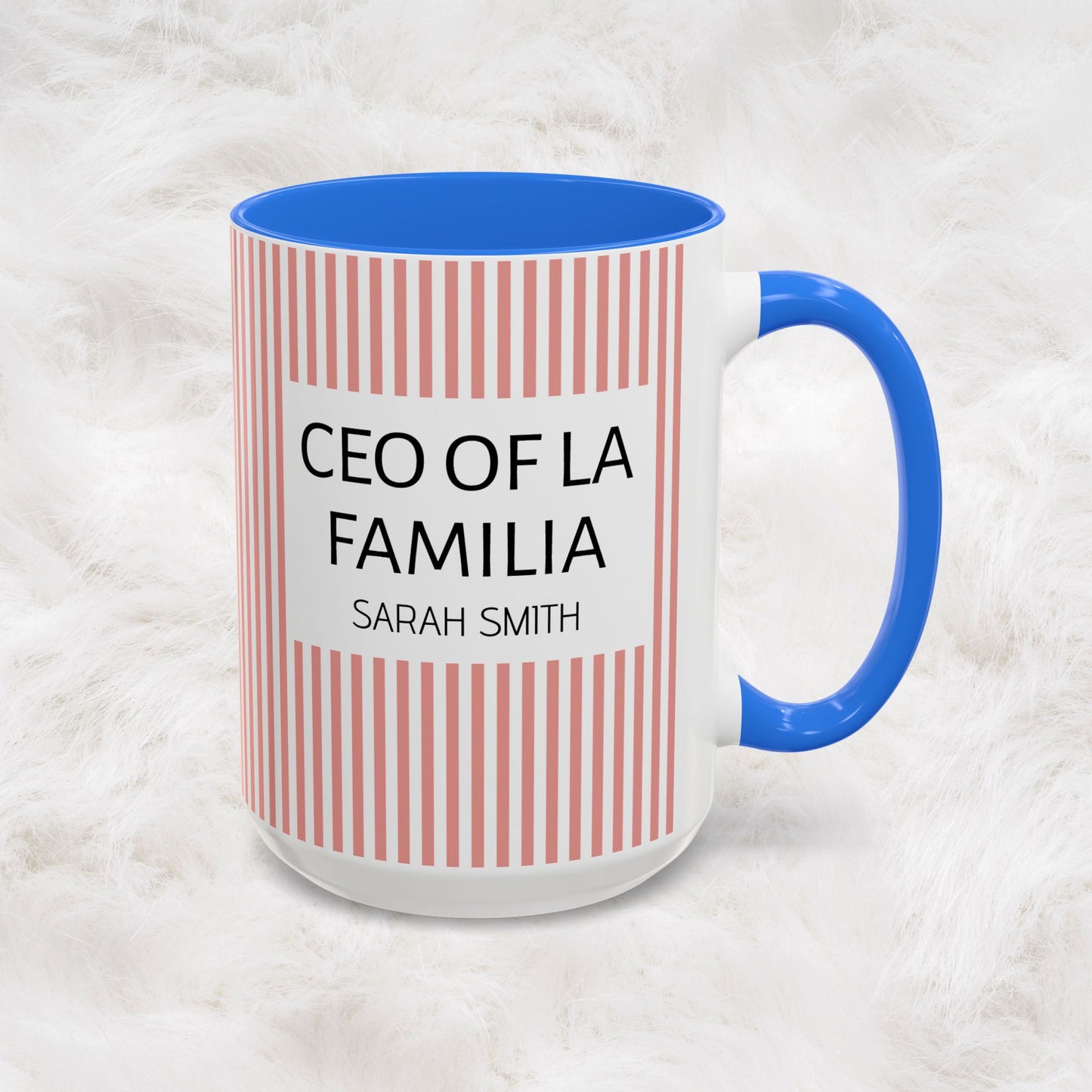 Personalized Name Pink Striped Coffee Tea Mug | Meaningful CEO of La Familia Gift for Mom, Wife, Women
