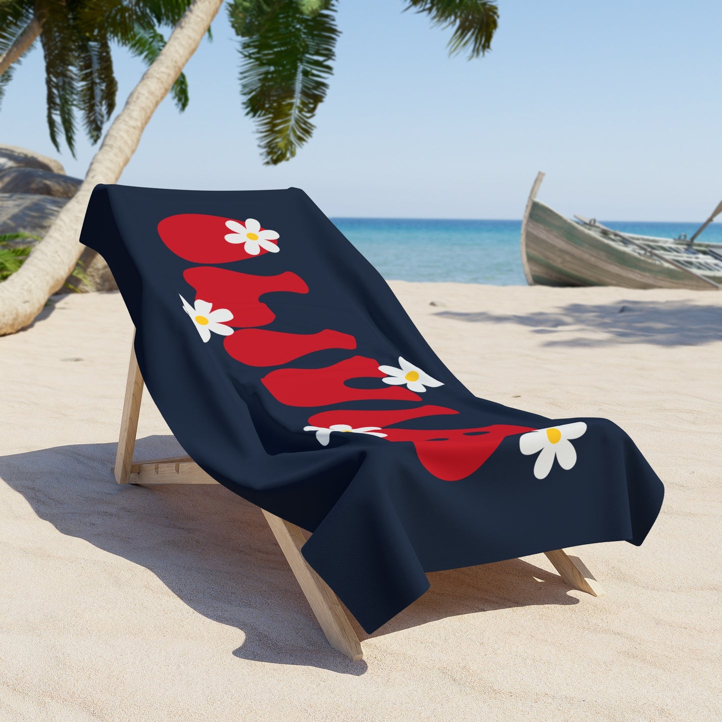Personalized Name Floral Navy Daisy Beach Towel - Hunting Birthday Christmas Gift