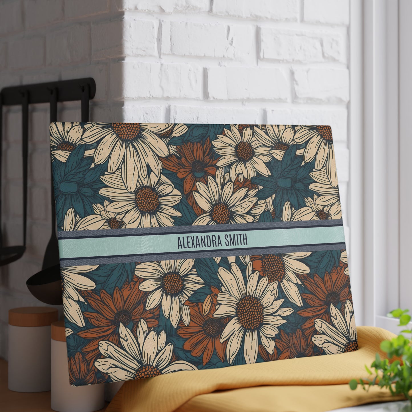 Personalized Name Text Daisy Floral Luxury Vintage Toile De Jouy French Pattern Glass Cutting Board