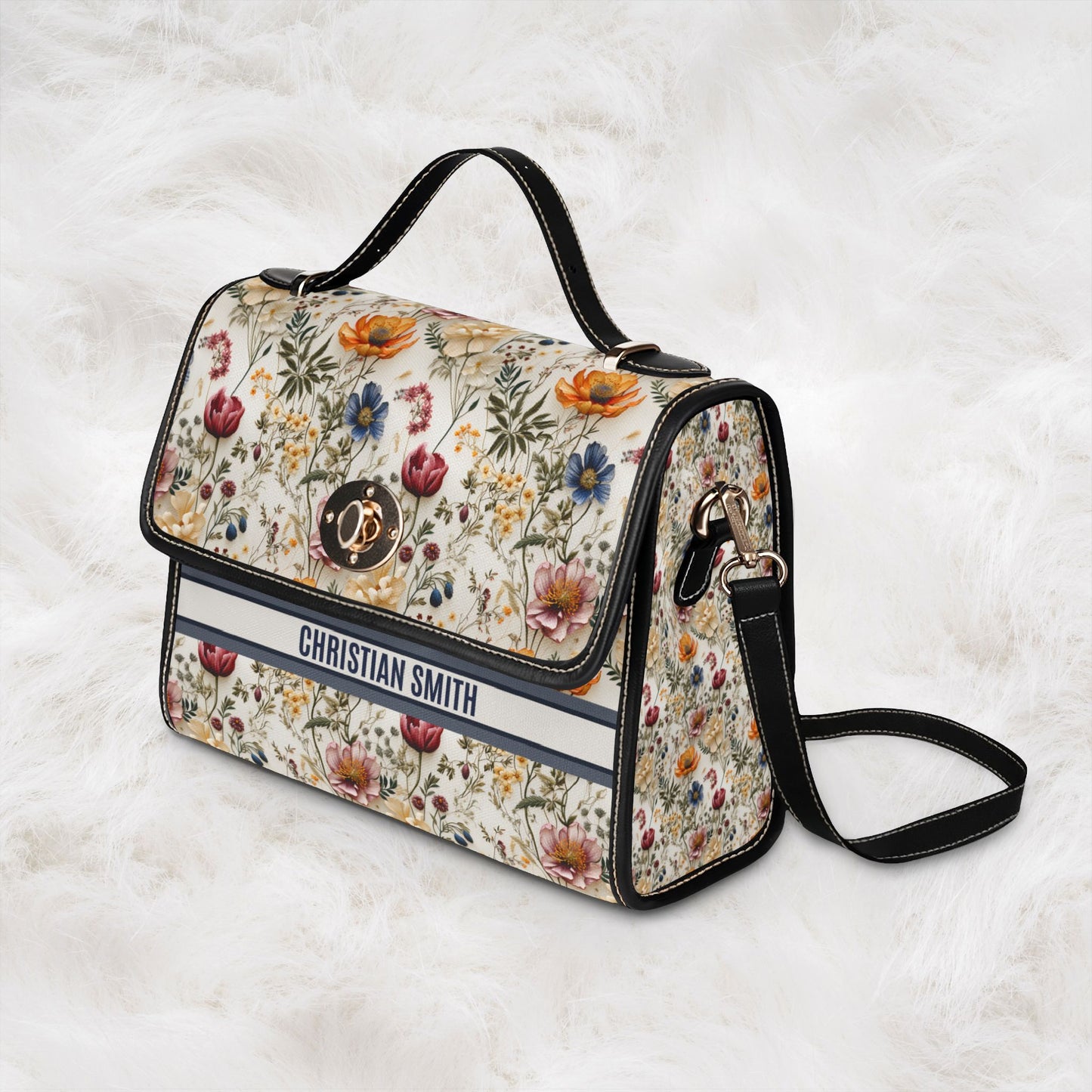 Personalized Name Waterproof Canvas Bag | Floral Flower Pattern Crossbody Shoulder Tote Handbag