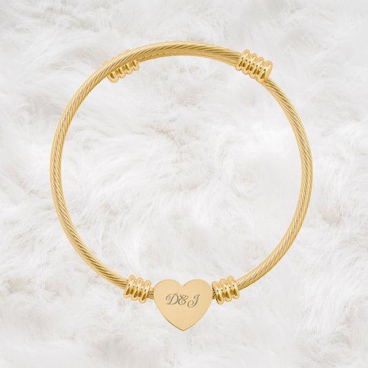 Personalized Custom Name Initials Cable Wire Bangle Heart Cuff Bracelet