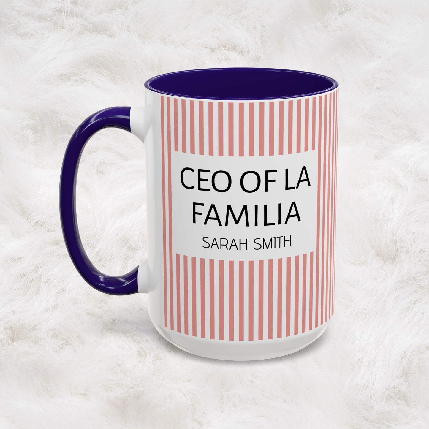 Personalized Name Pink Striped Coffee Tea Mug | Meaningful CEO of La Familia Gift for Mom, Wife, Women