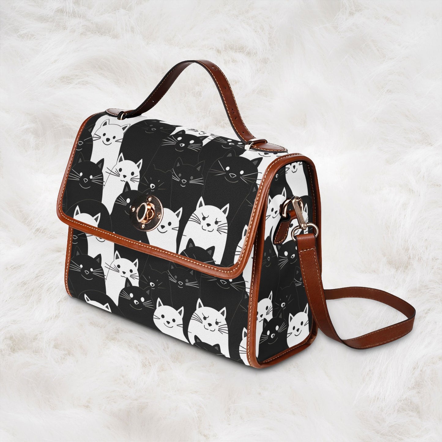 Cute Black & White Cat Pattern Waterproof Canvas Tote Crossbody Shoulder Handbag