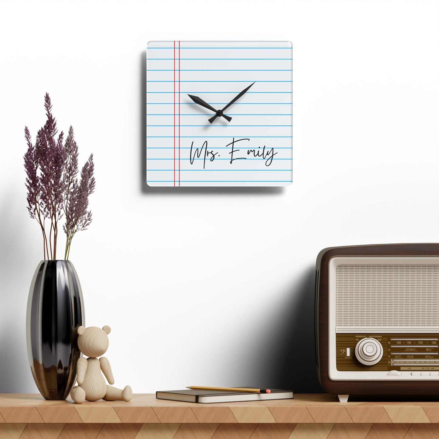 Personalized Name College Ruled Lined Acrylic Wall Clock | College Student Teacher Souvenir Home Decor Gift Idea