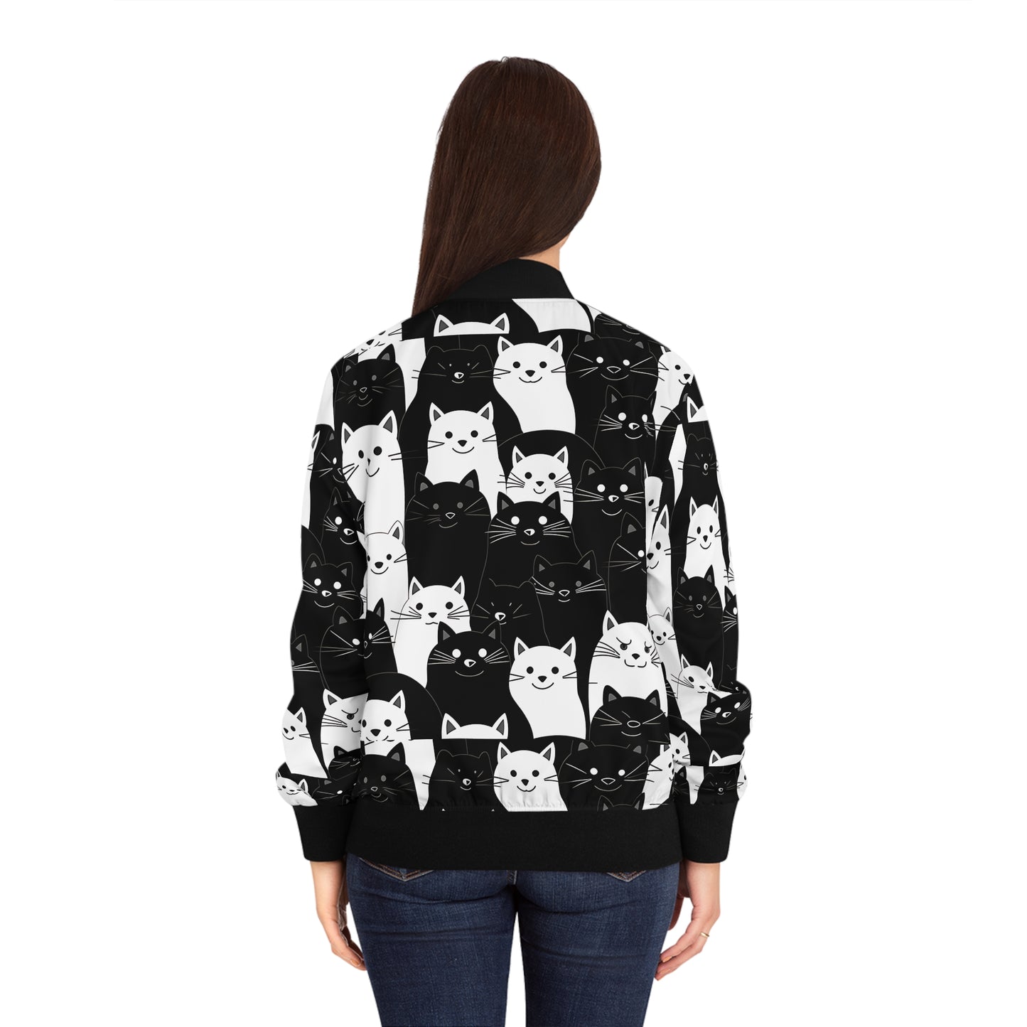 Cute Black & White Cat Pattern Bomber Jacket | Pet Lovers Gift Idea