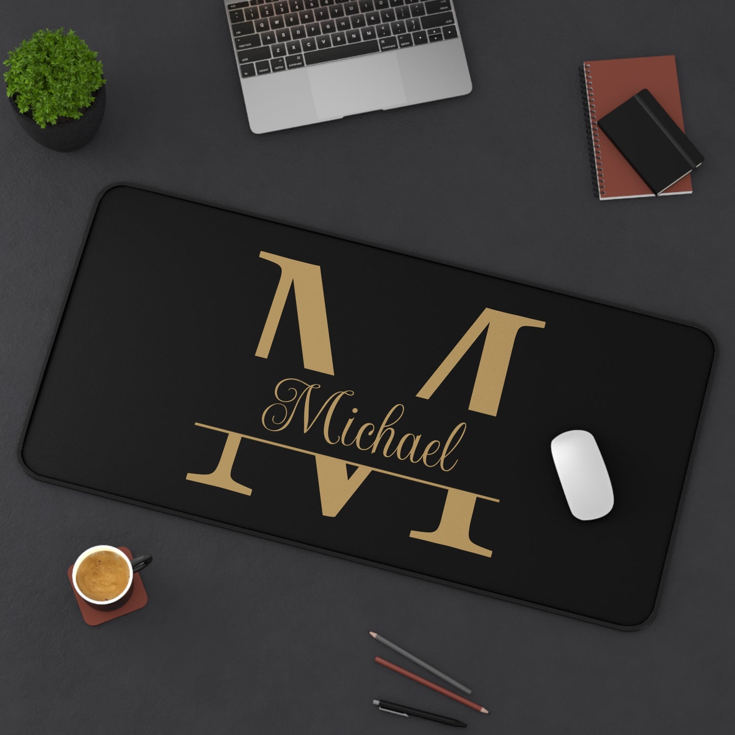 Personalized Monogram Name Black Gold Theme Desk Mat