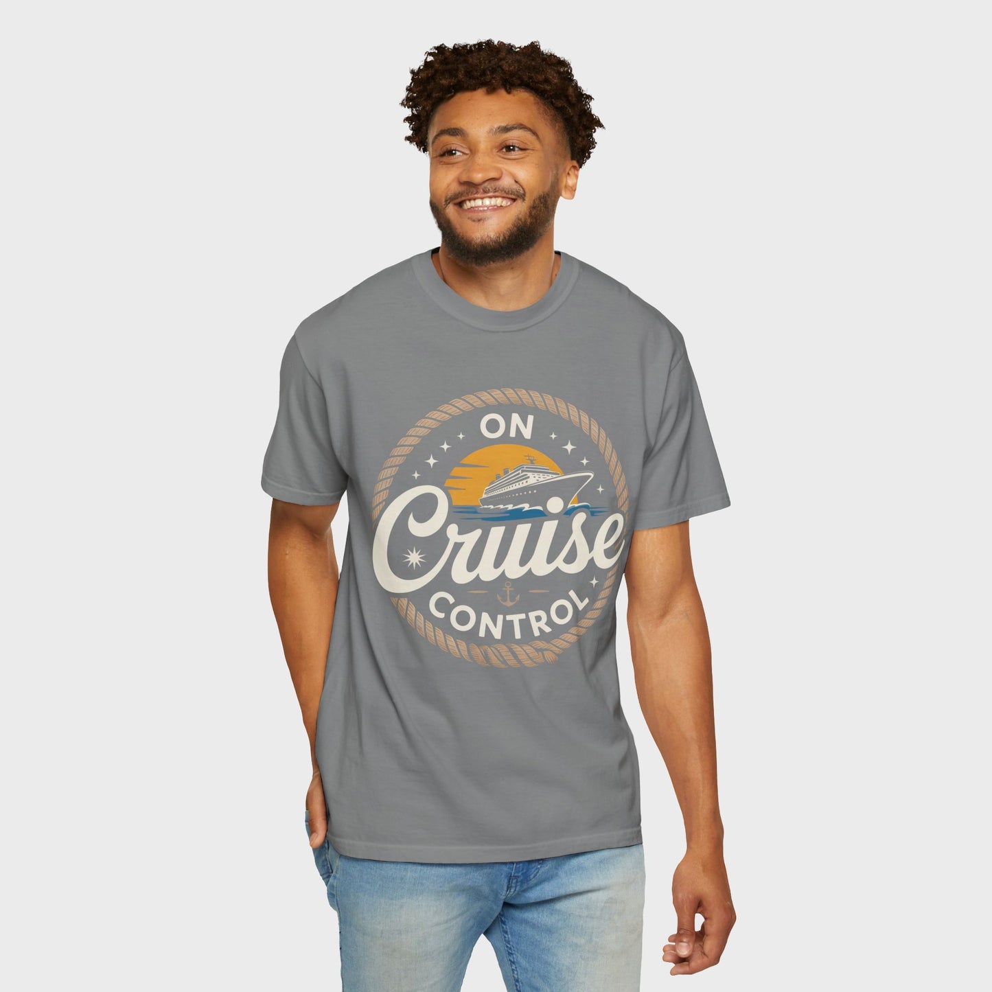 On Cruise Control T-Shirt | Nautical Rope Sunset Graphic Travel Vacation Tee