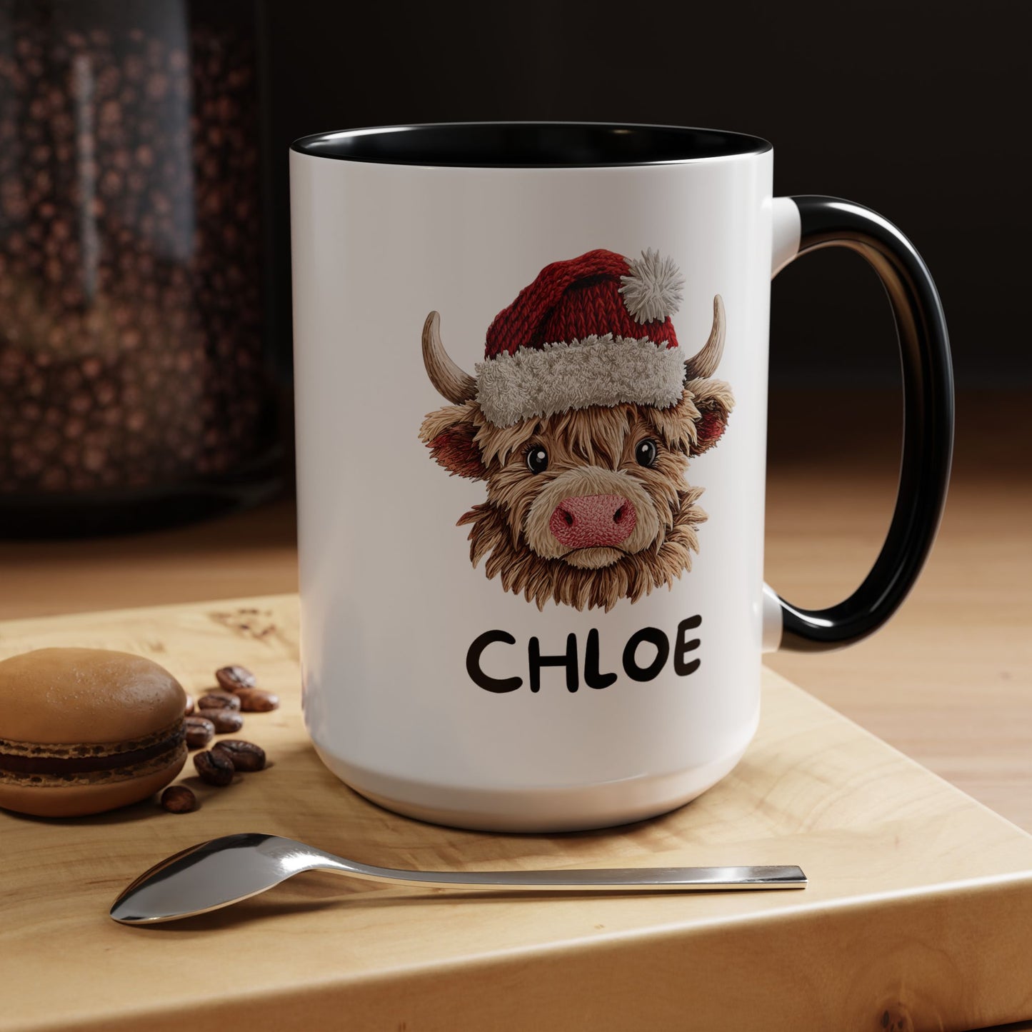Personalized Name Cute Printed Crochet Yarn Christmas Highland Cow Mug | Hunting Holiday Gift