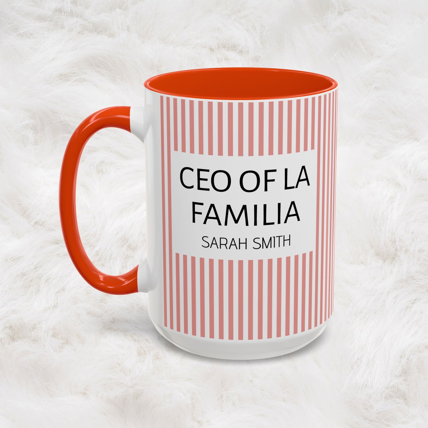 Personalized Name Pink Striped Coffee Tea Mug | Meaningful CEO of La Familia Gift for Mom, Wife, Women