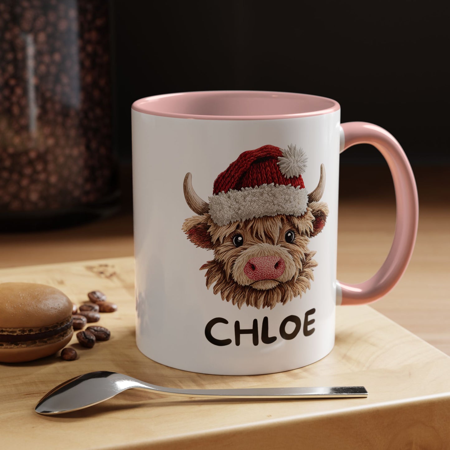Personalized Name Cute Printed Crochet Yarn Christmas Highland Cow Mug | Hunting Holiday Gift