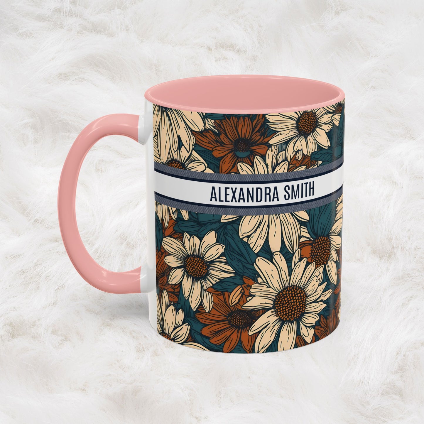 Personalized Name Text Daisy Floral Luxury Vintage Toile De Jouy French Pattern Accent Coffee Tea Mug