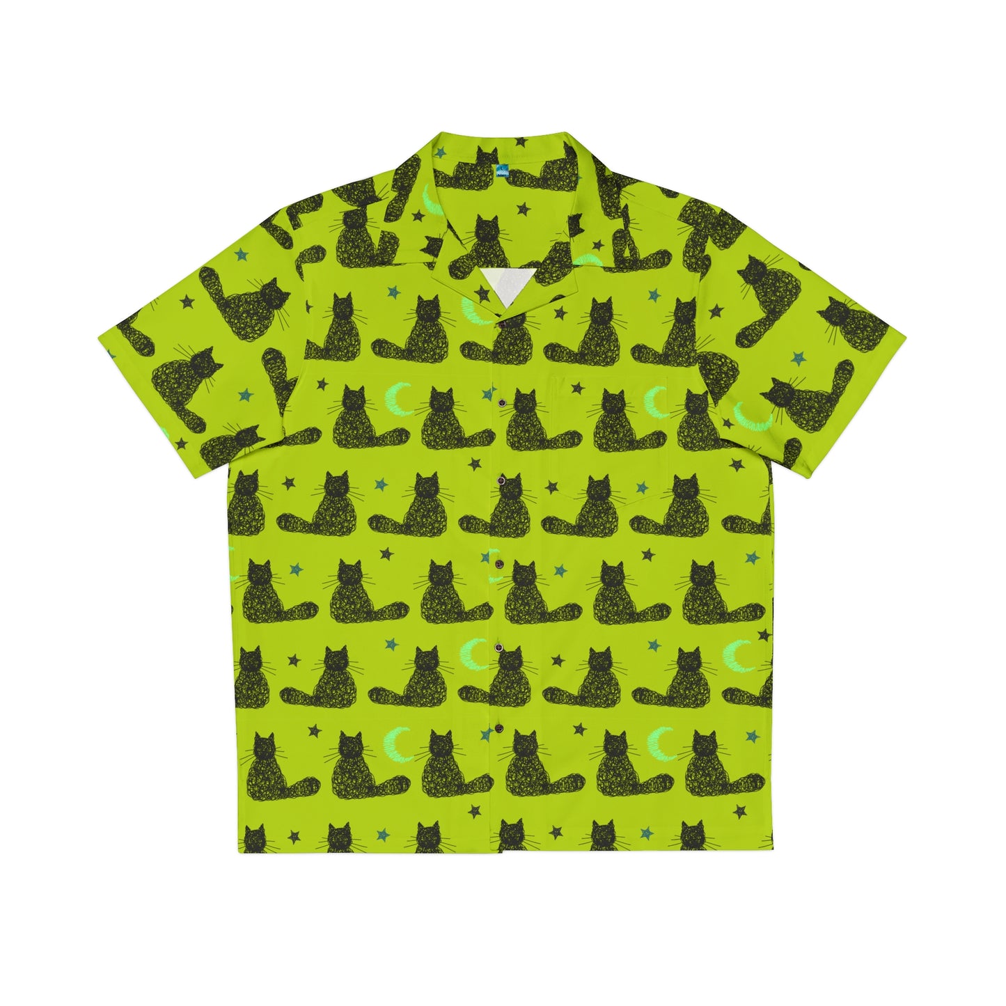 Neon Green Moon & Stars Cute Cat Pattern Hawaiian Shirt