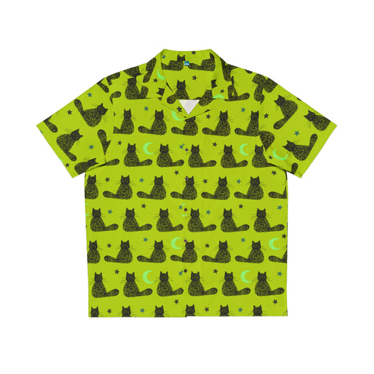 Neon Green Moon & Stars Cute Cat Pattern Hawaiian Shirt