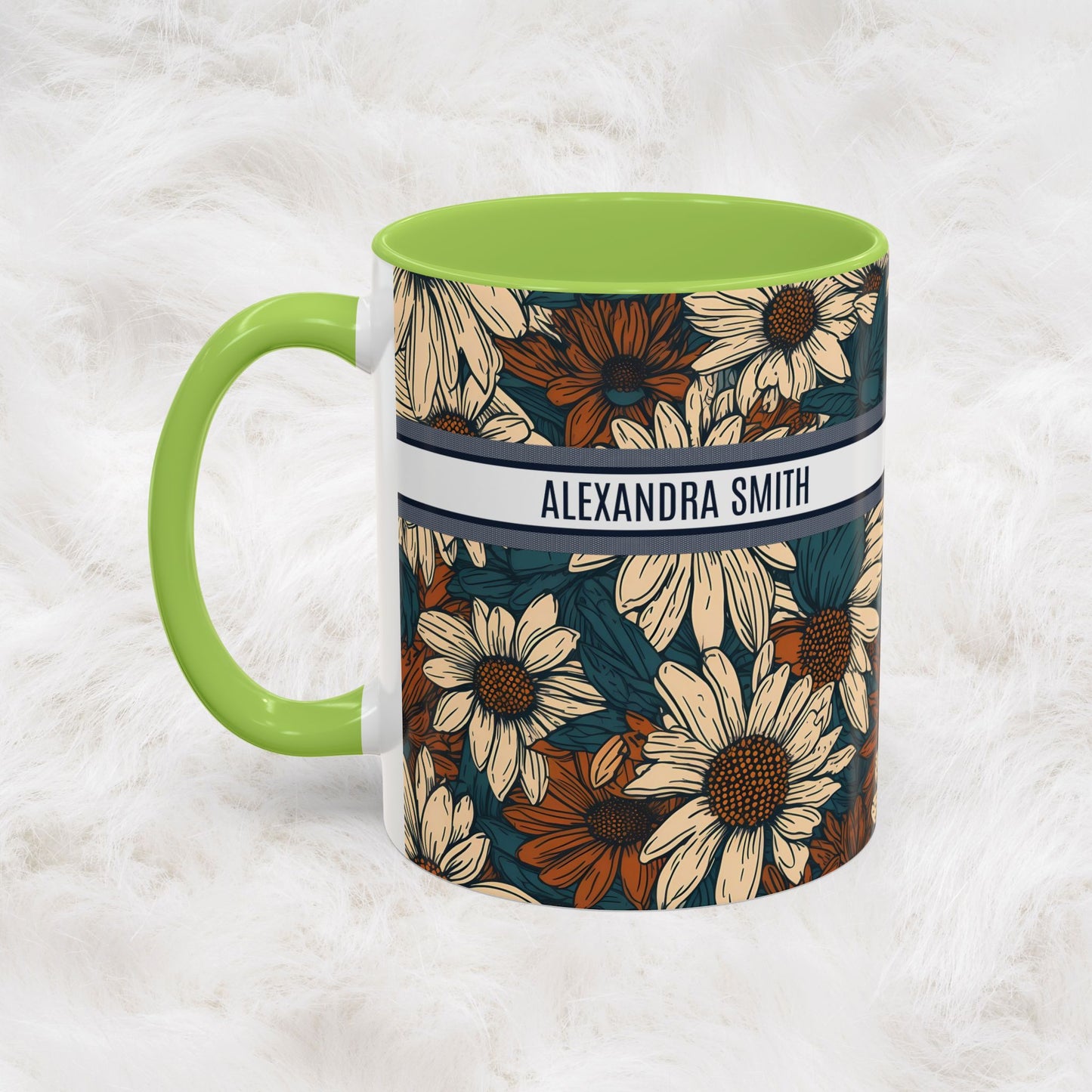 Personalized Name Text Daisy Floral Luxury Vintage Toile De Jouy French Pattern Accent Coffee Tea Mug