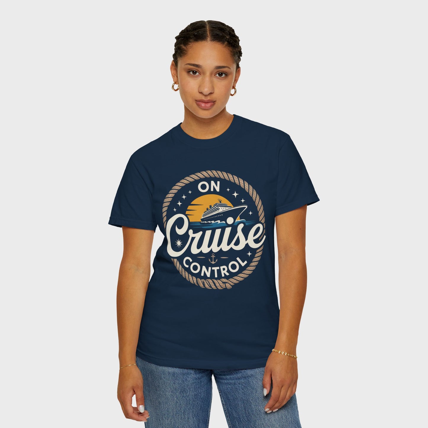 On Cruise Control T-Shirt | Nautical Rope Sunset Graphic Travel Vacation Tee