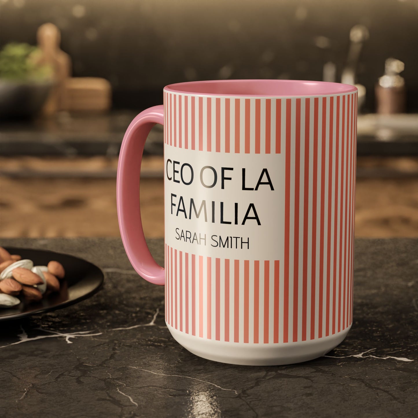 Personalized Name Pink Striped Coffee Tea Mug | Meaningful CEO of La Familia Gift for Mom, Wife, Women