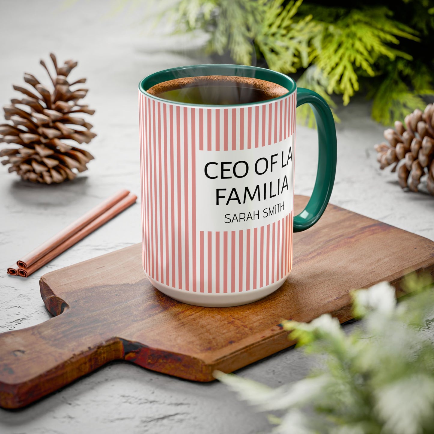 Personalized Name Pink Striped Coffee Tea Mug | Meaningful CEO of La Familia Gift for Mom, Wife, Women