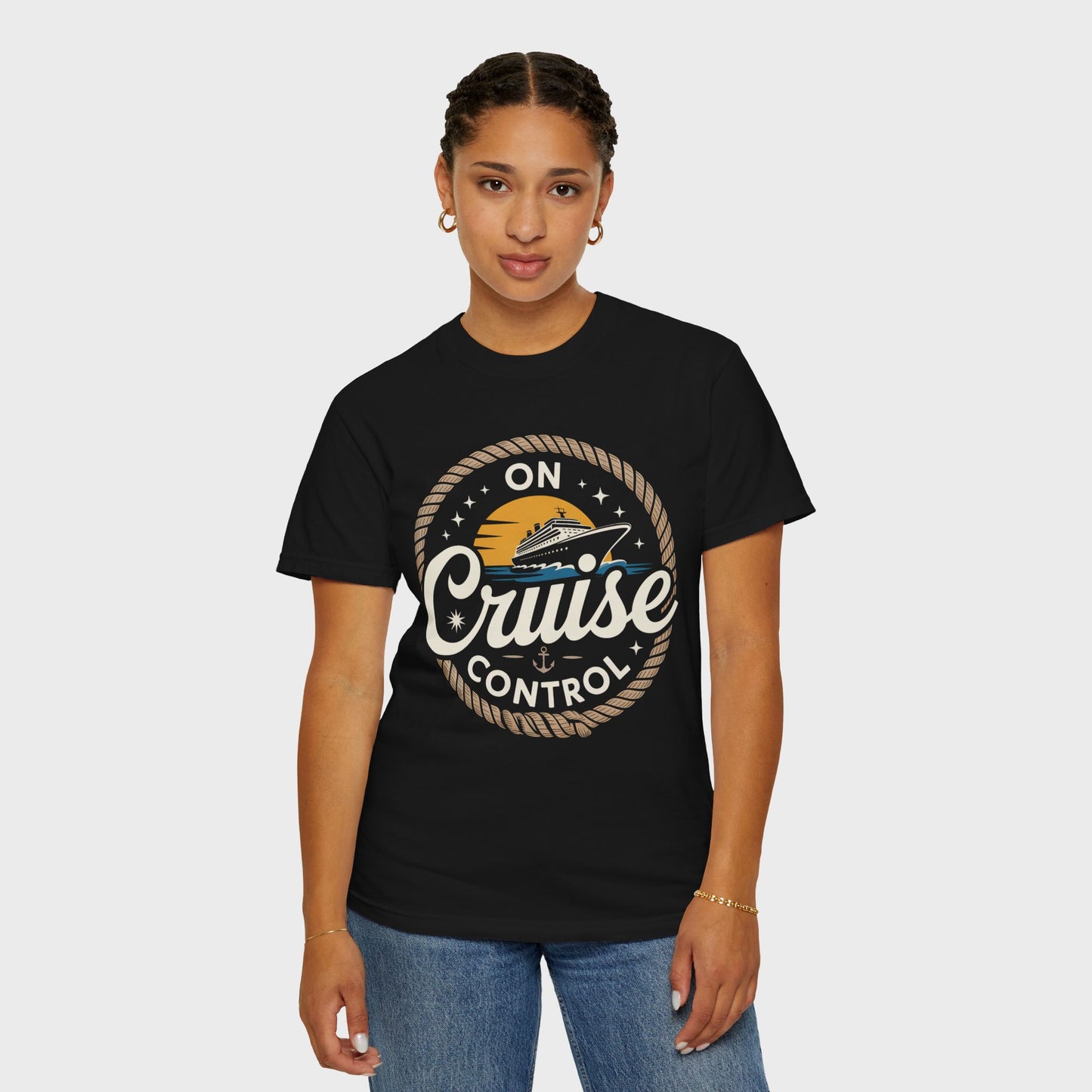 On Cruise Control T-Shirt | Nautical Rope Sunset Graphic Travel Vacation Tee