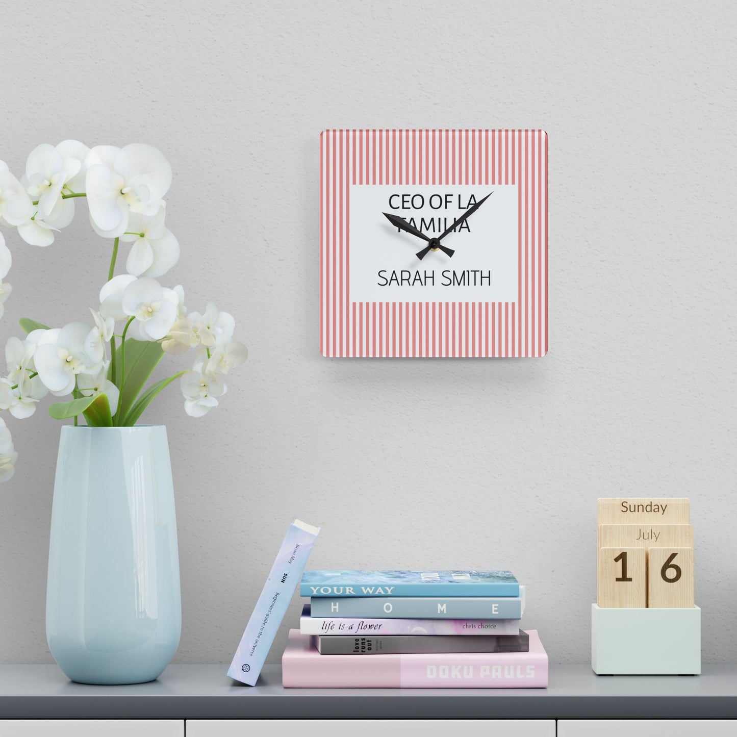 Personalized Name Acrylic Wall Clock | Meaningful CEO of La Familia Striped Gift for Mom, Wife, Women, Mother's Day
