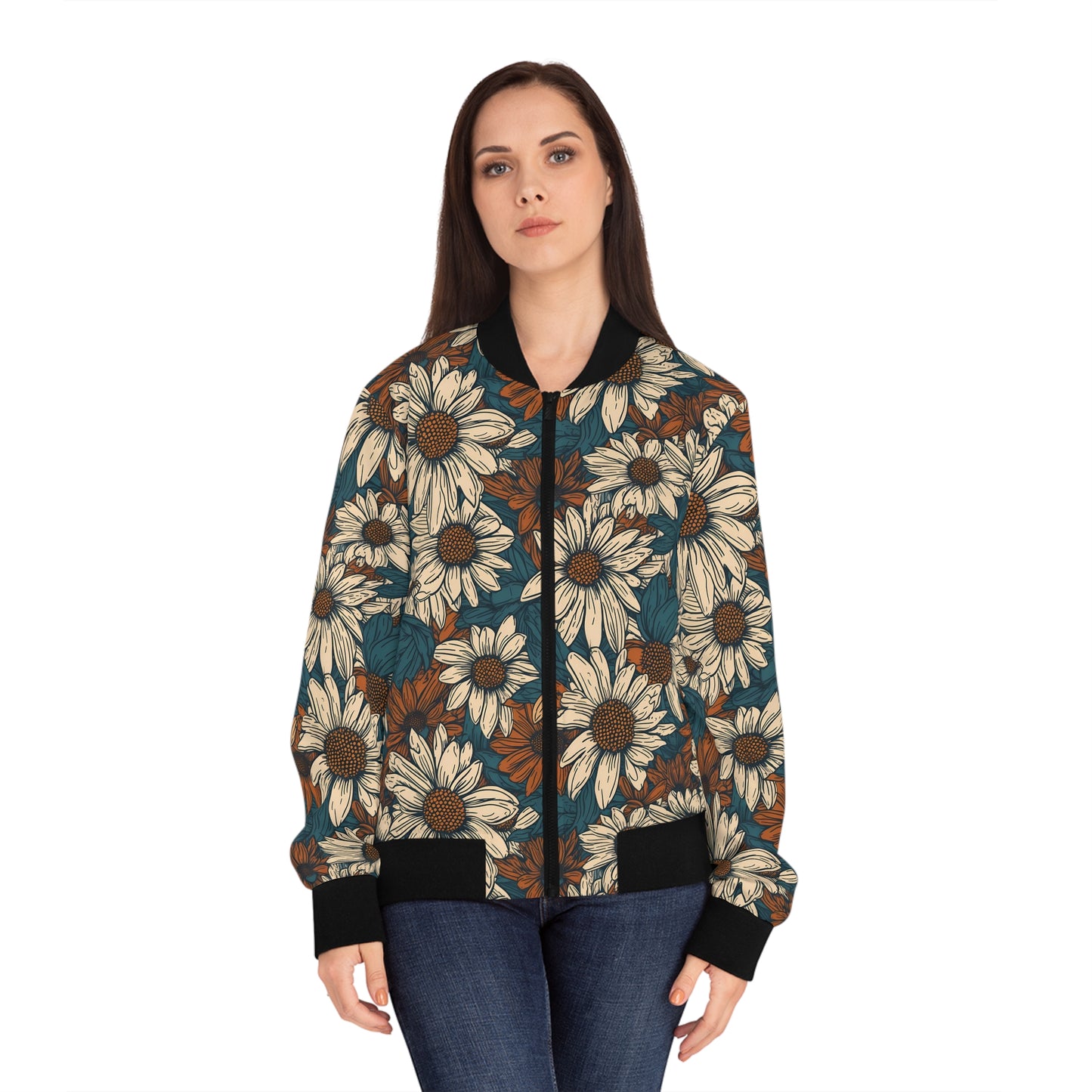 Daisy Floral Flowers Bomber Jacket | Women’s Casual Fashion Outerwear