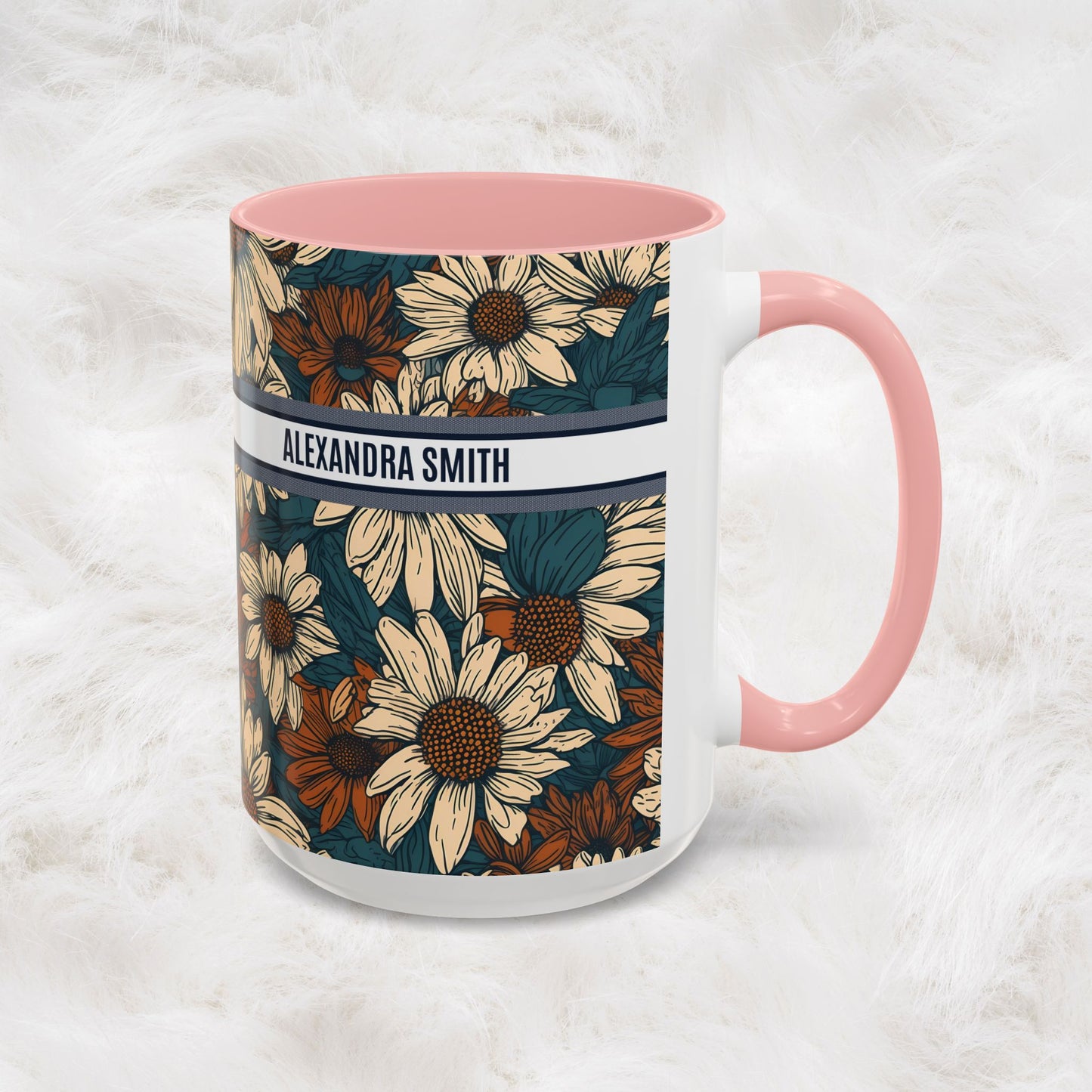 Personalized Name Text Daisy Floral Luxury Vintage Toile De Jouy French Pattern Accent Coffee Tea Mug