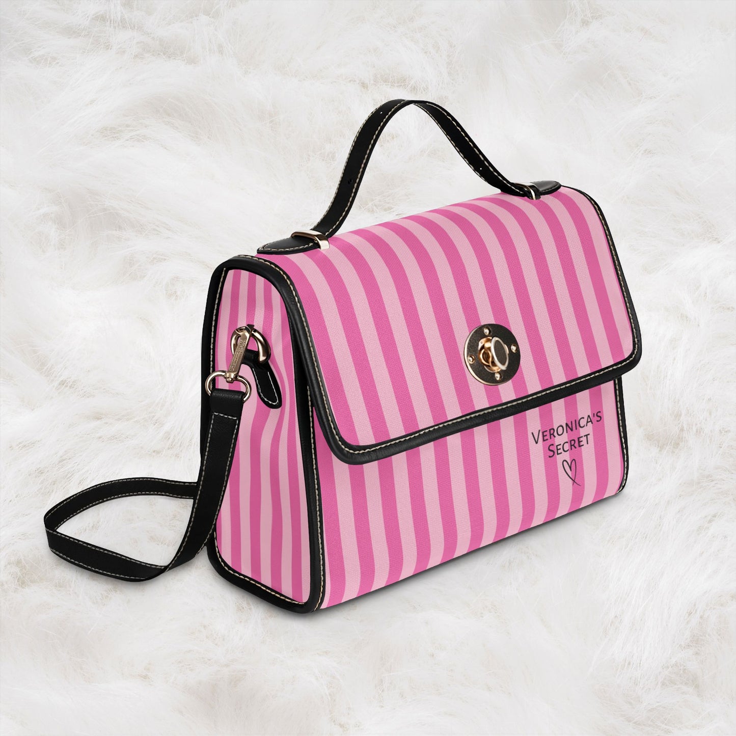 Personalized Name Waterproof Canvas Bag | Pink Stripe Crossbody Shoulder Tote Handbag