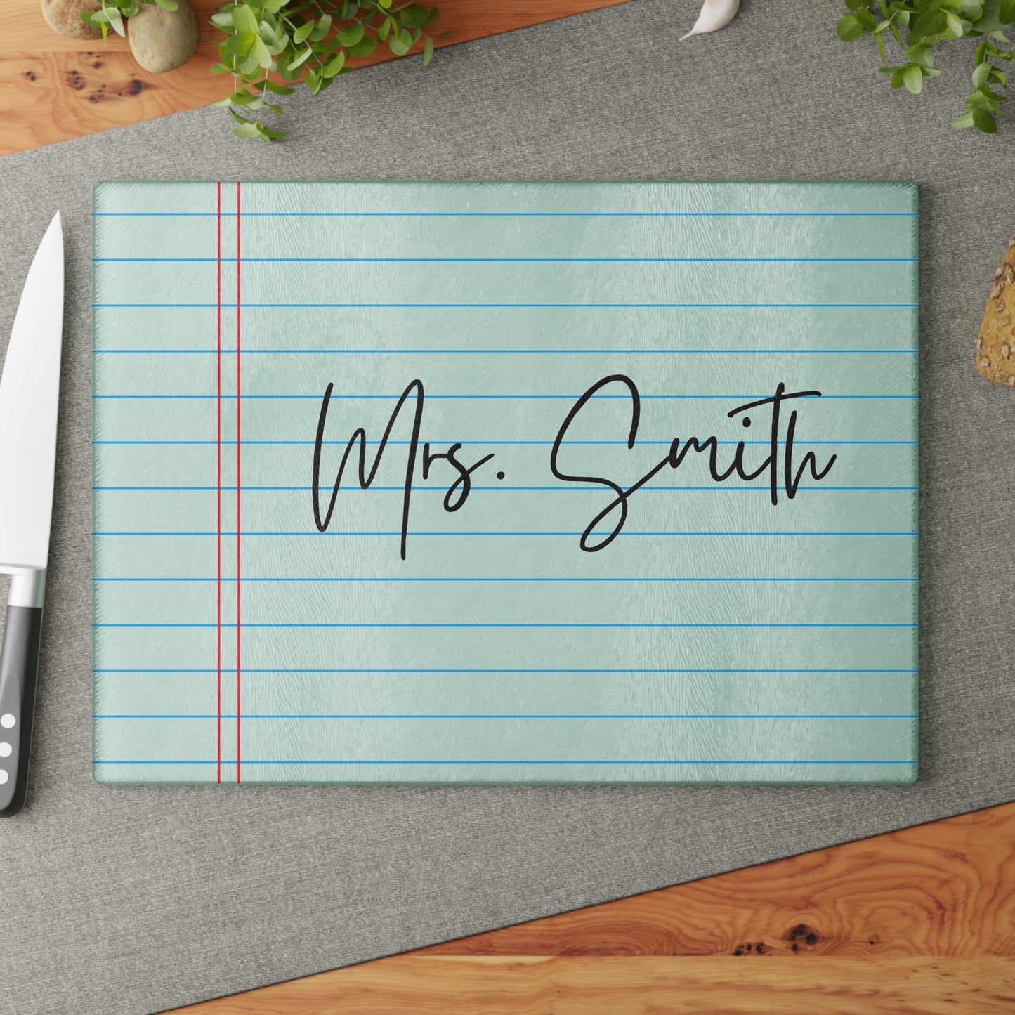 Personalized Name College Ruled Lined Glass Cutting Board | College Student Teacher Souvenir Home Decor Gift Idea