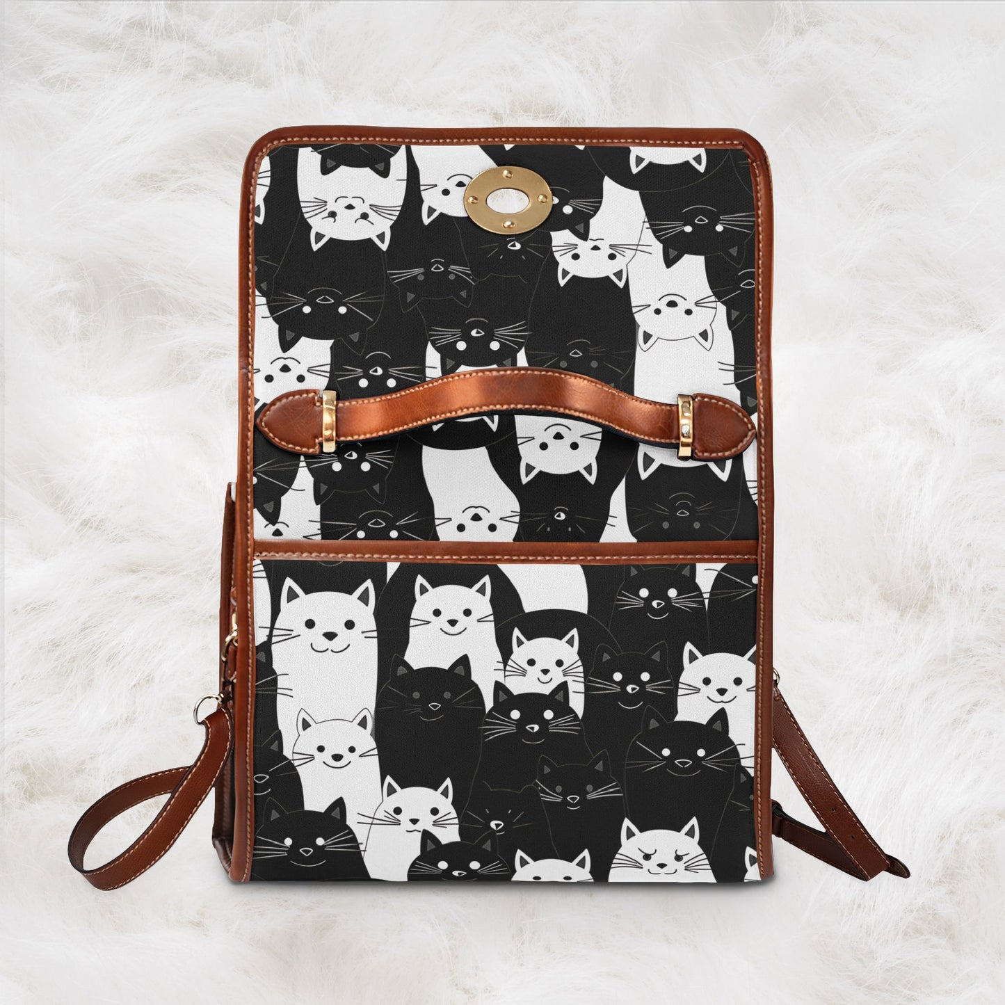 Cute Black & White Cat Pattern Waterproof Canvas Tote Crossbody Shoulder Handbag