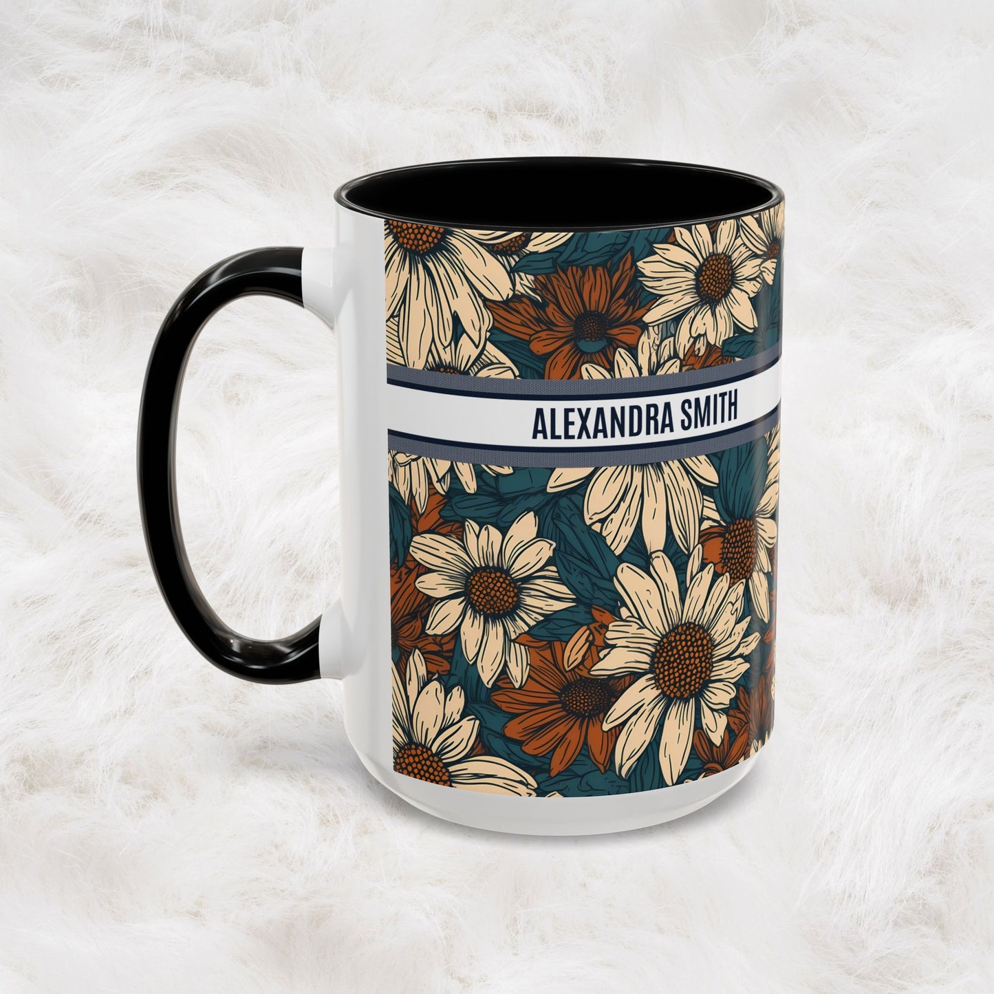 Personalized Name Text Daisy Floral Luxury Vintage Toile De Jouy French Pattern Accent Coffee Tea Mug