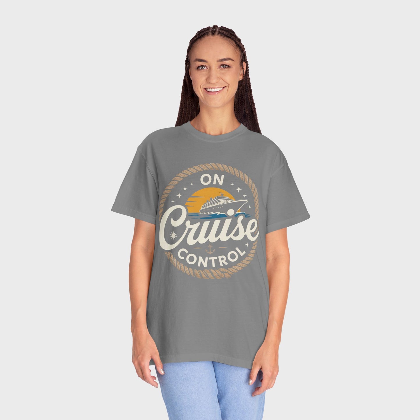 On Cruise Control T-Shirt | Nautical Rope Sunset Graphic Travel Vacation Tee