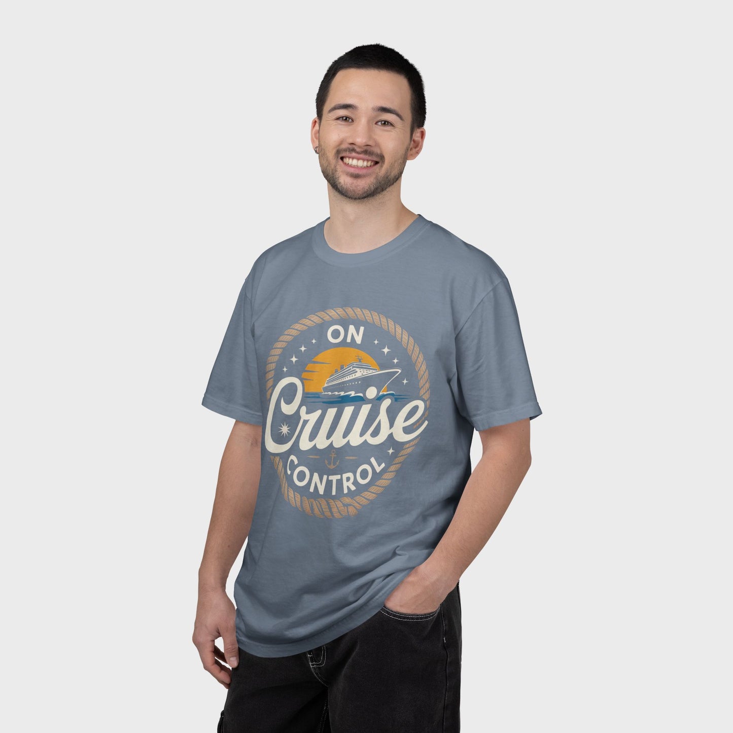 On Cruise Control T-Shirt | Nautical Rope Sunset Graphic Travel Vacation Tee