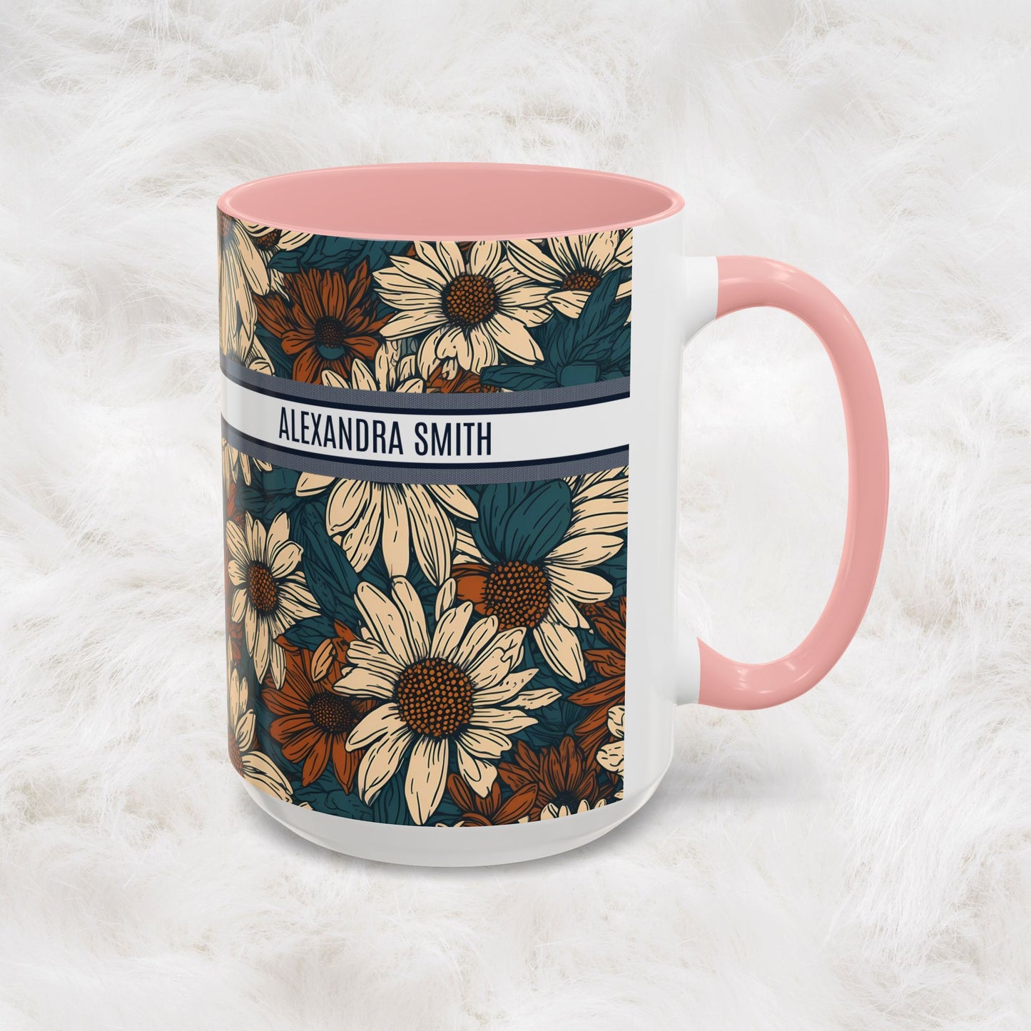 Personalized Name Text Daisy Floral Luxury Vintage Toile De Jouy French Pattern Accent Coffee Tea Mug