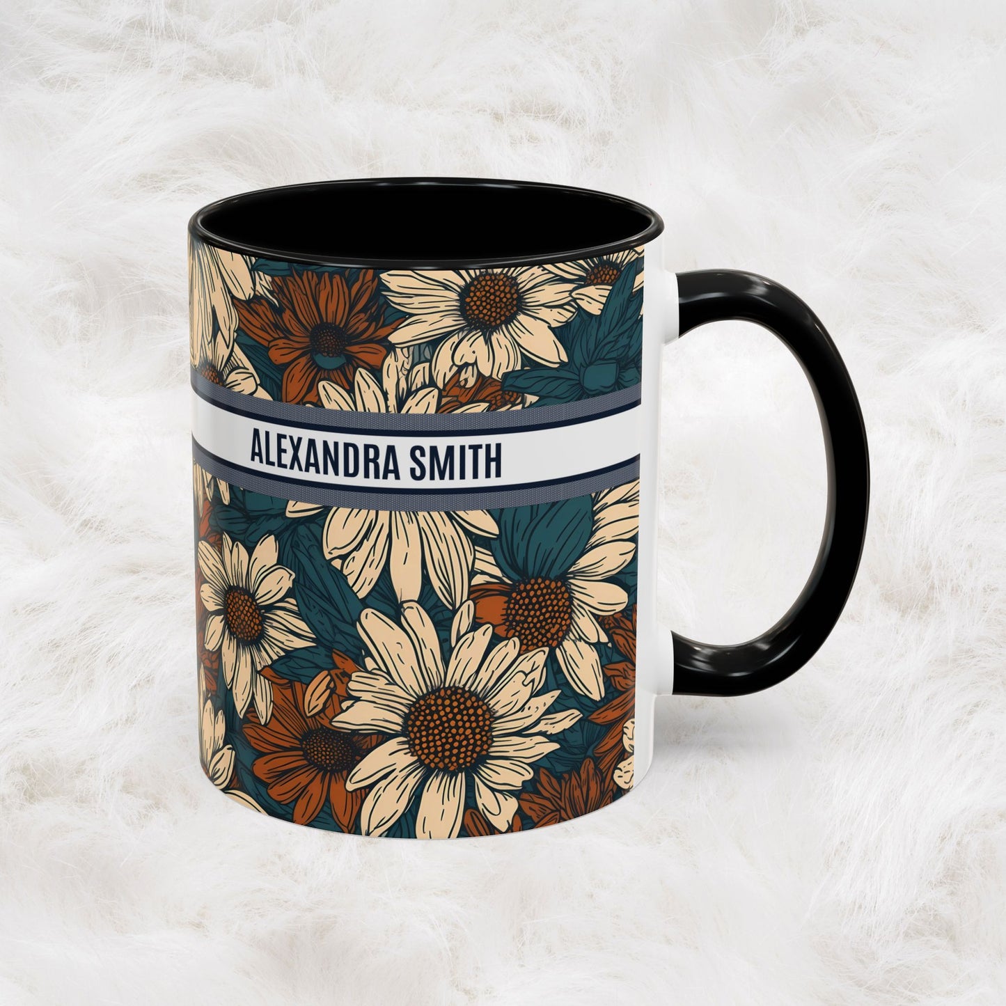 Personalized Name Text Daisy Floral Luxury Vintage Toile De Jouy French Pattern Accent Coffee Tea Mug